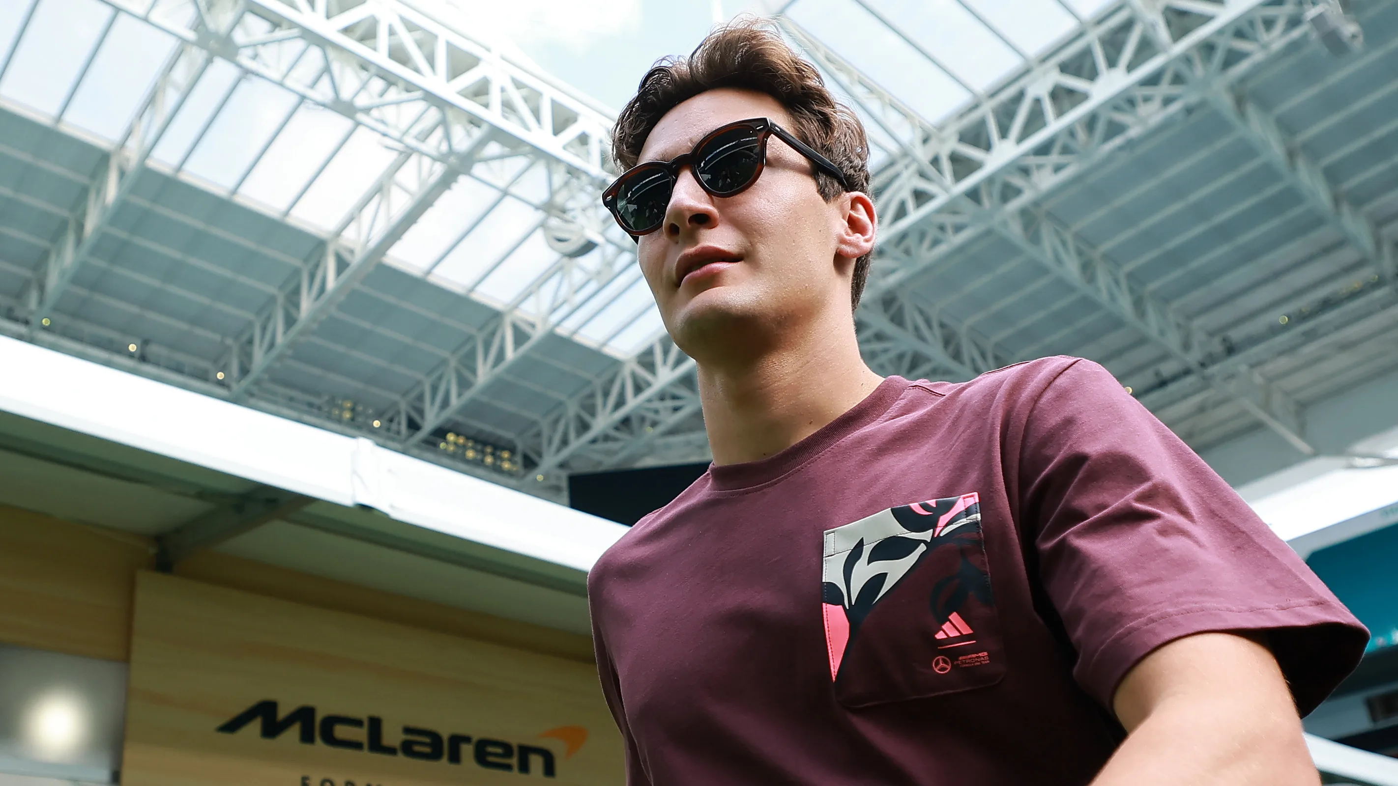 MIAMI, FLORIDA - MAY 01: George Russell of Great Britain and Mercedes AMG Petronas F1 Team arrives