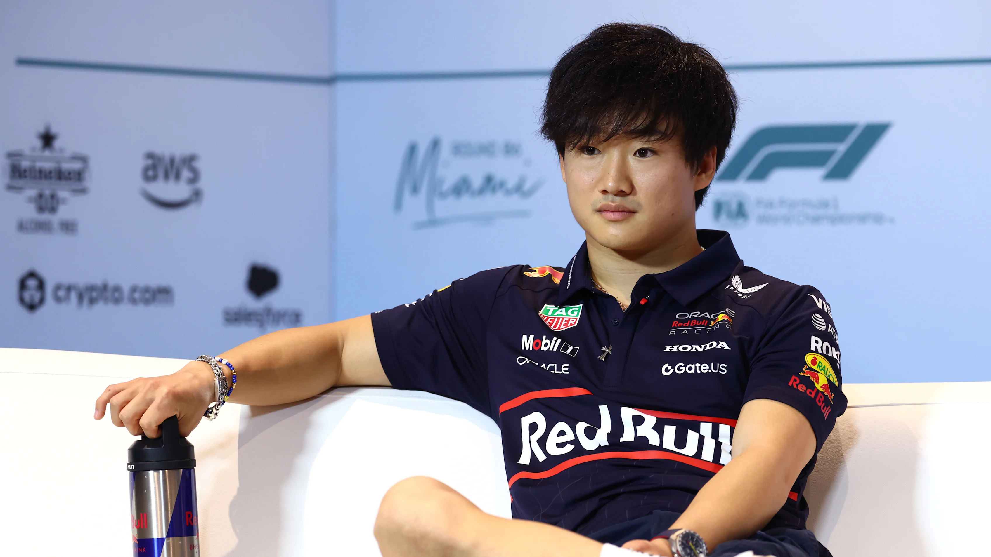 MIAMI, FLORIDA - MAY 01: Yuki Tsunoda of Japan and Oracle Red Bull Racing attends the Drivers Press