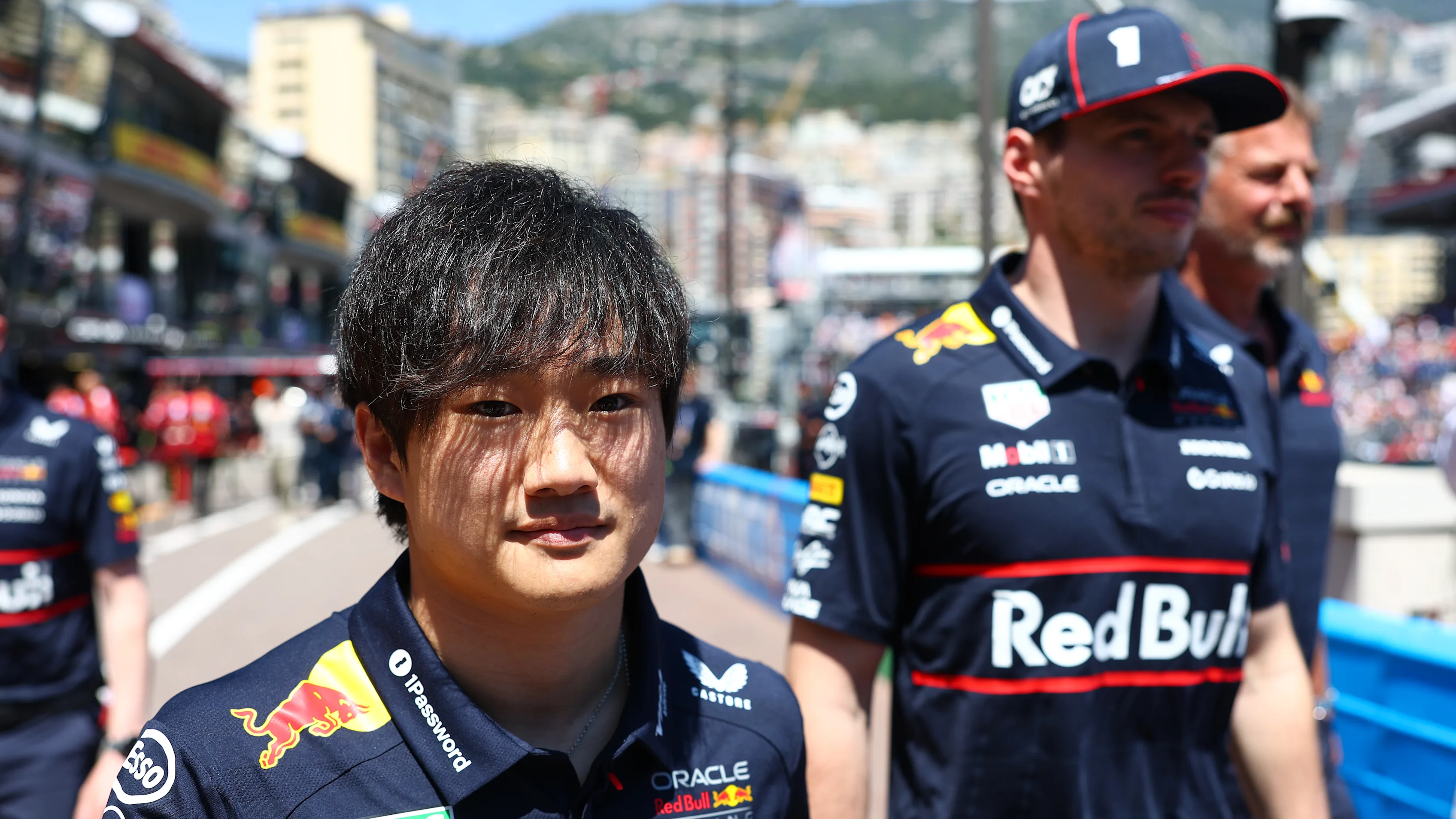 MONTE-CARLO, MONACO - MAY 25: Yuki Tsunoda of Japan and Oracle Red Bull Racing and Max Verstappen