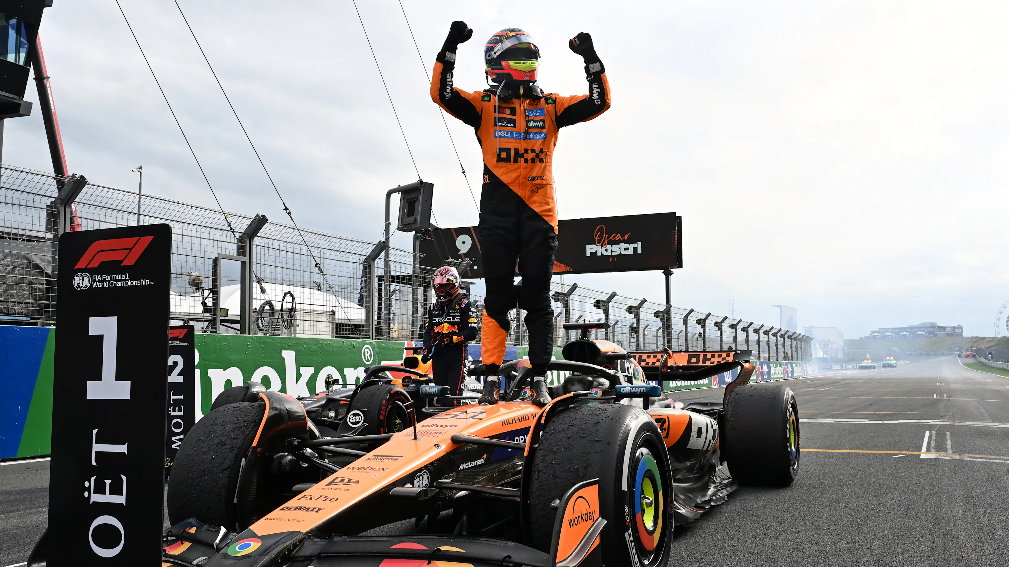 ZANDVOORT, NETHERLANDS - AUGUST 31: Race winner Oscar Piastri of Australia and McLaren celebrates