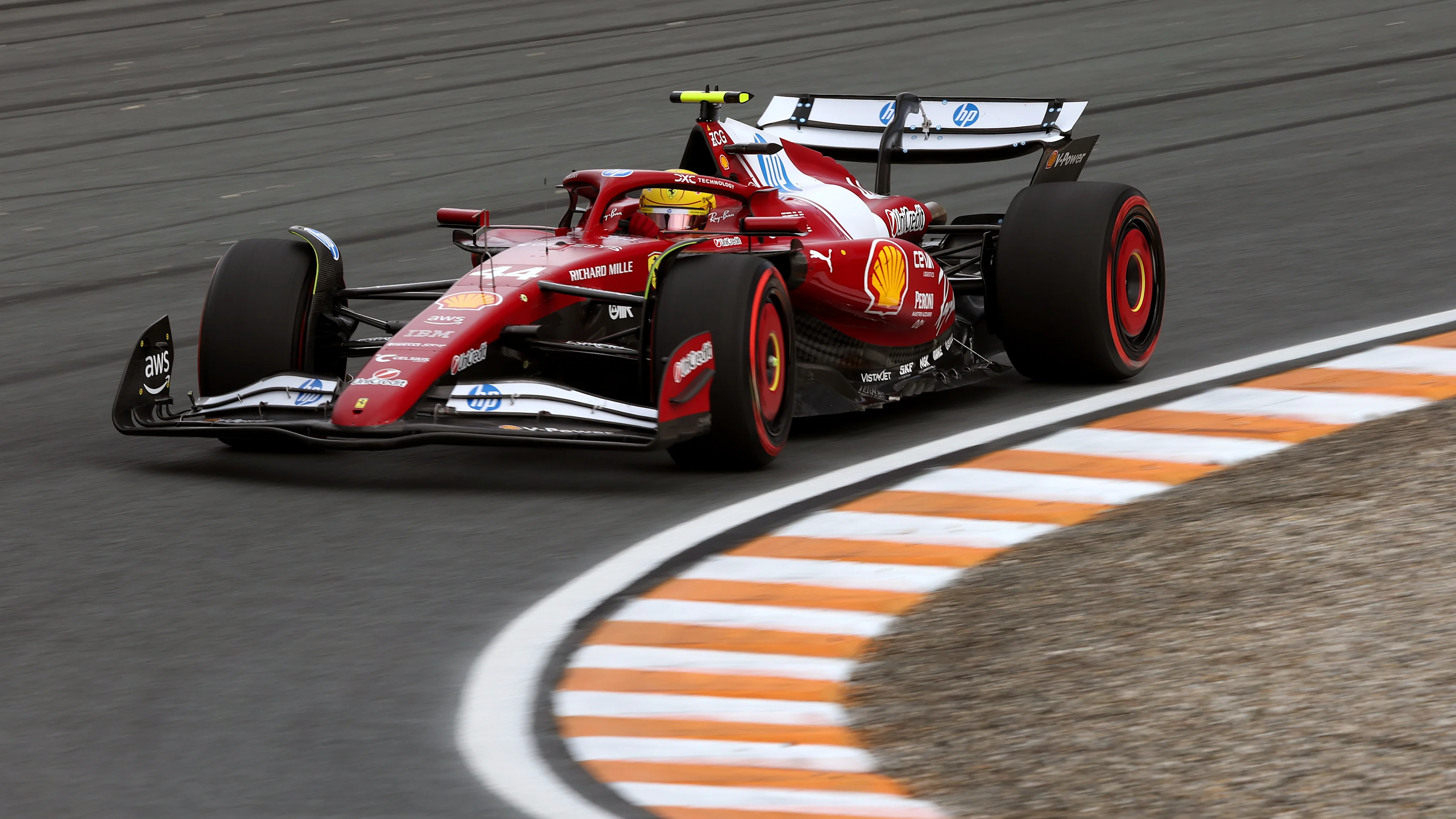ZANDVOORT, NETHERLANDS - AUGUST 29: Lewis Hamilton of Great Britain driving the (44) Scuderia Ferrari SF-25 on track during practice ahead of the F1 Grand Prix of Netherlands at Circuit Zandvoort on August 29, 2025 in Zandvoort, Netherlands. (Photo by Andrew Ferraro - Formula 1/Formula 1 via Getty Images)