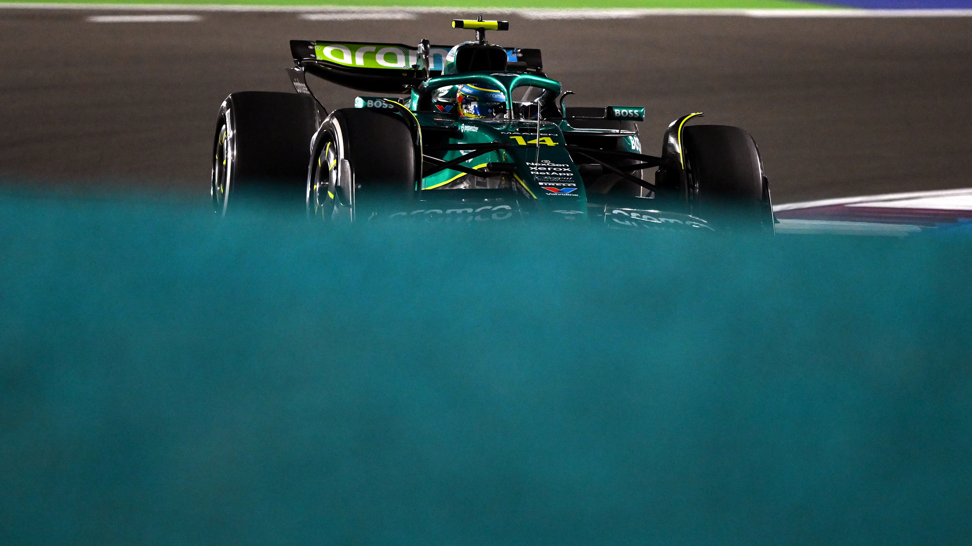 LUSAIL CITY, QATAR - NOVEMBER 28: Fernando Alonso of Spain driving the (14) Aston Martin F1 Team AMR25 Mercedes on track during practice ahead of the F1 Grand Prix of Qatar at Lusail International Circuit on November 28, 2025 in Lusail City, Qatar. (Photo by Rudy Carezzevoli/Getty Images)