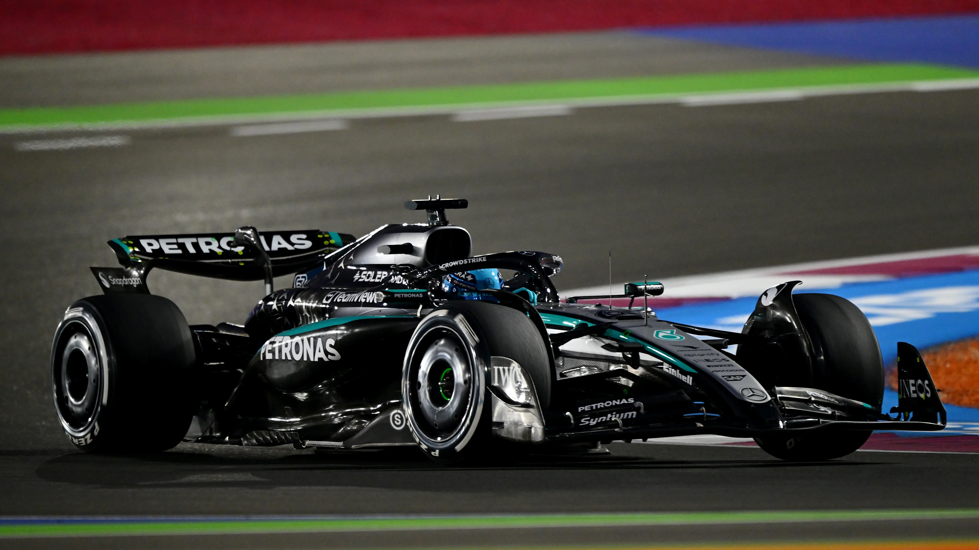 LUSAIL CITY, QATAR - NOVEMBER 28: George Russell of Great Britain driving the (63) Mercedes AMG Petronas F1 Team W16 on track during practice ahead of the F1 Grand Prix of Qatar at Lusail International Circuit on November 28, 2025 in Lusail City, Qatar. (Photo by Mark Sutton - Formula 1/Formula 1 via Getty Images)