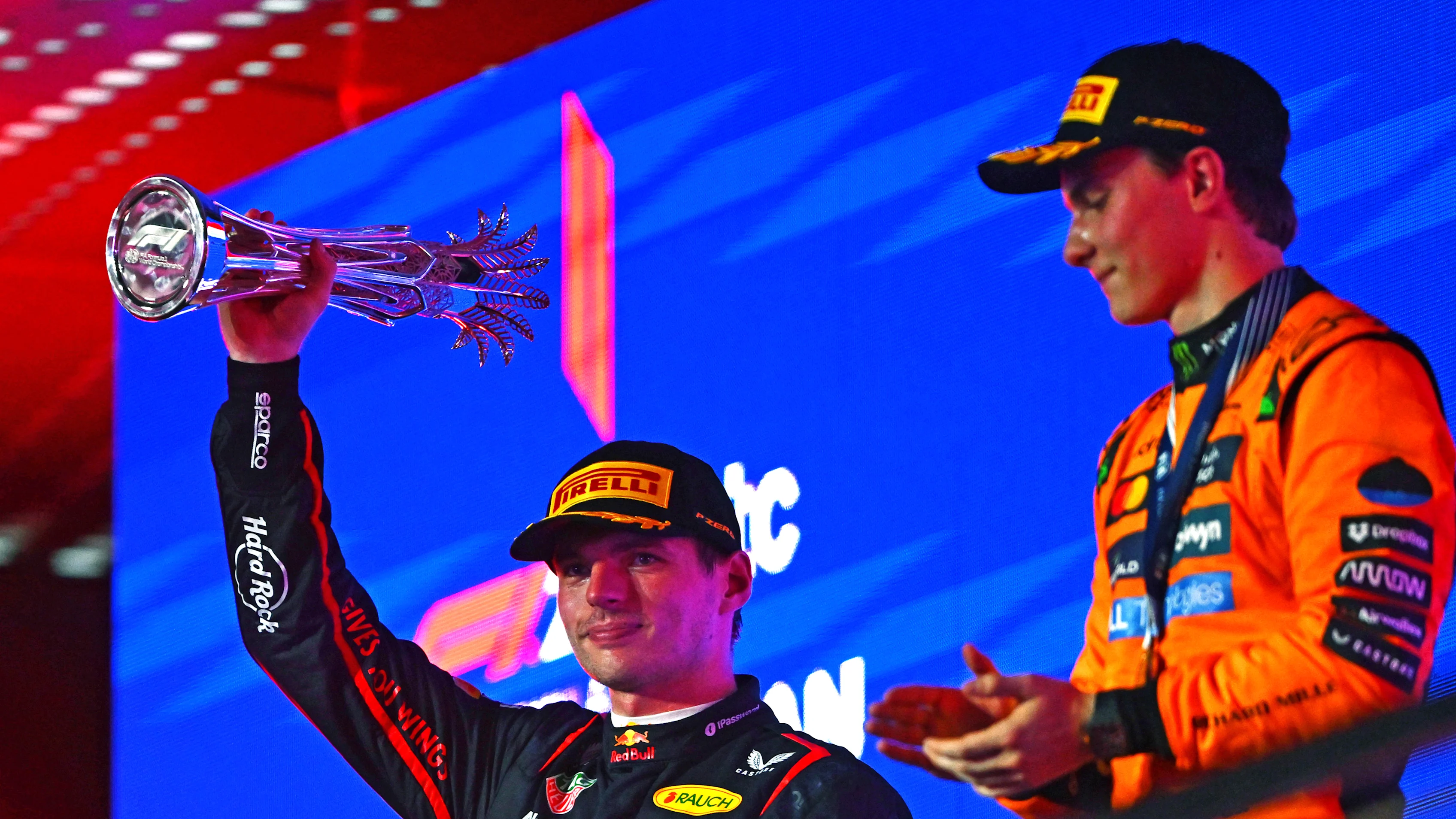 JEDDAH, SAUDI ARABIA - APRIL 20: Second placed Max Verstappen of the Netherlands and Oracle Red