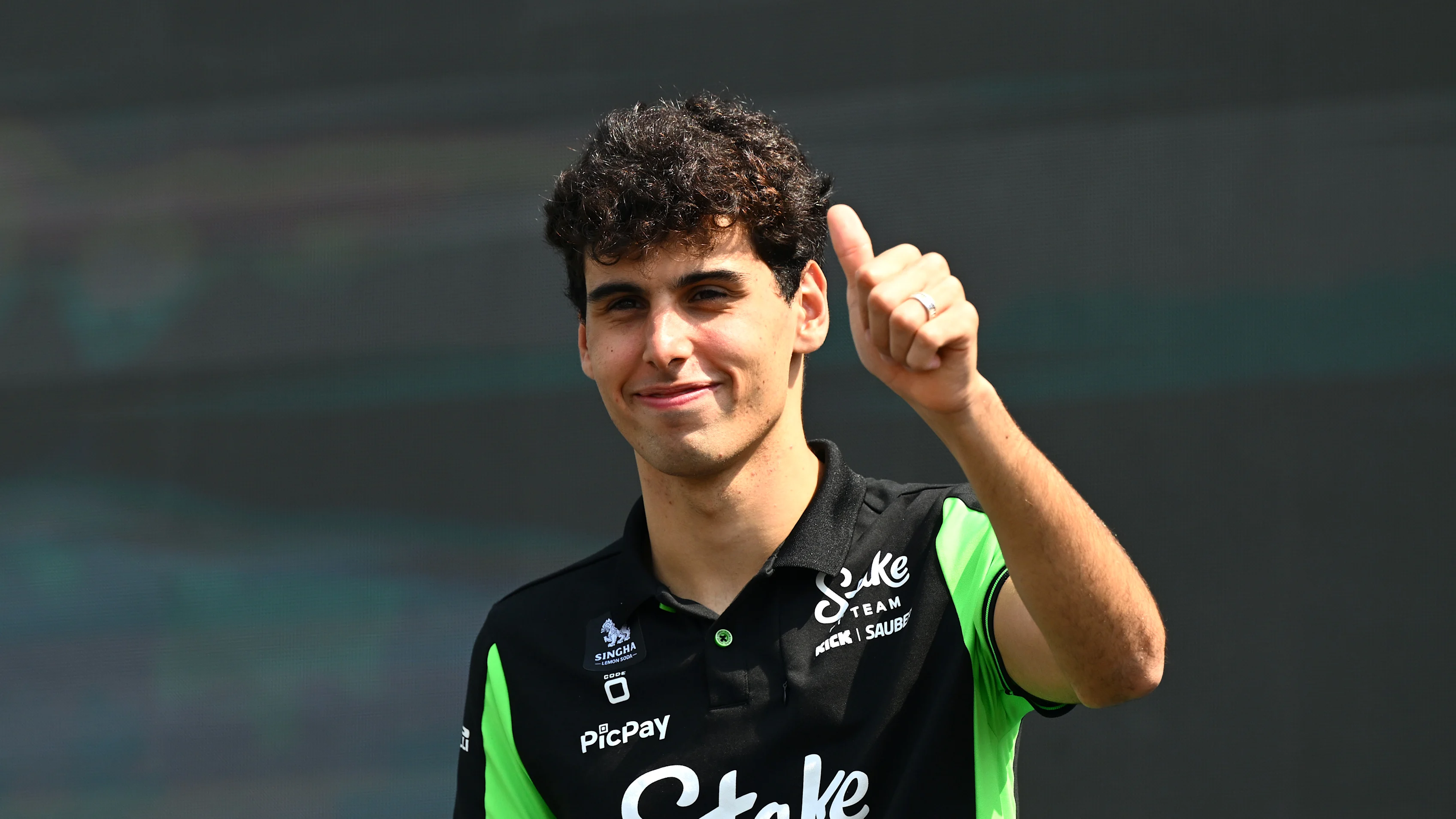 JEDDAH, SAUDI ARABIA - APRIL 18: Gabriel Bortoleto of Brazil and Stake F1 Team Kick Sauber on stage