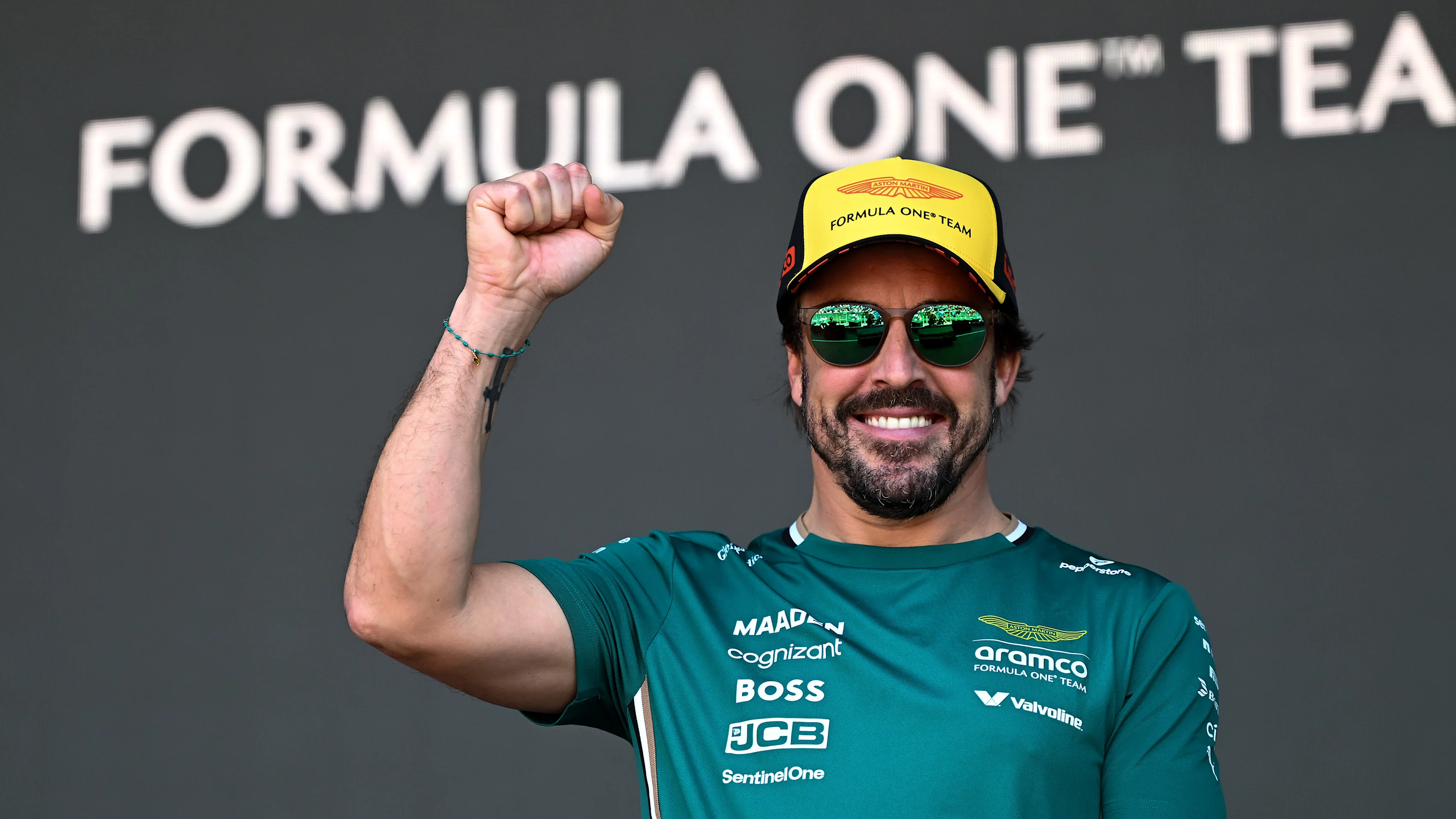 BARCELONA, SPAIN - MAY 30: Fernando Alonso of Spain and Aston Martin F1 Team on stage during