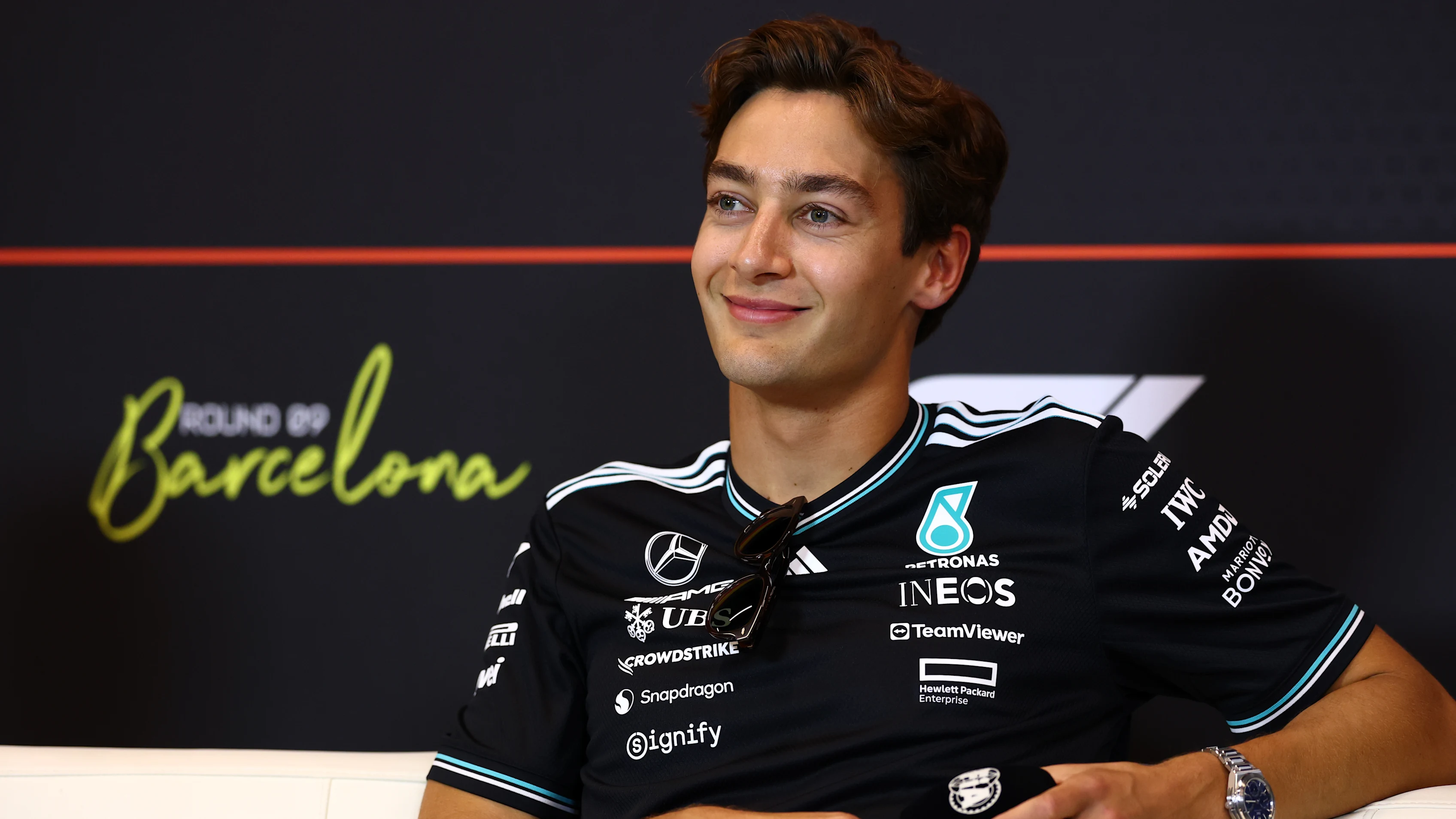 BARCELONA, SPAIN - MAY 29: George Russell of Great Britain and Mercedes AMG Petronas F1 Team looks