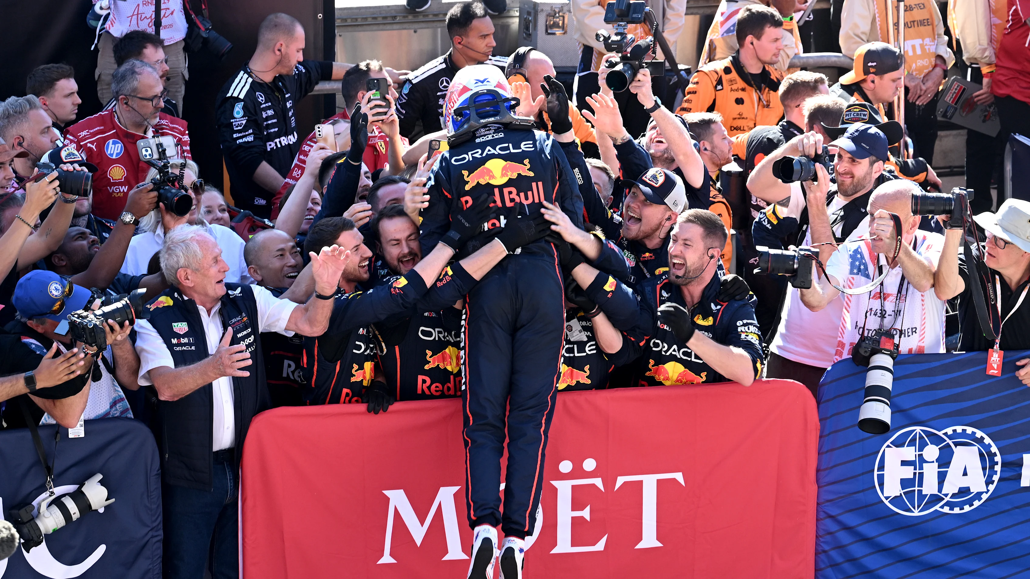 AUSTIN, TEXAS - OCTOBER 19: Race winner Max Verstappen of the Netherlands and Oracle Red Bull Racing celebrates with his team in parc ferme during the F1 Grand Prix of United States at Circuit of The Americas on October 19, 2025 in Austin, Texas. (Photo by Mark Sutton - Formula 1/Formula 1 via Getty Images)