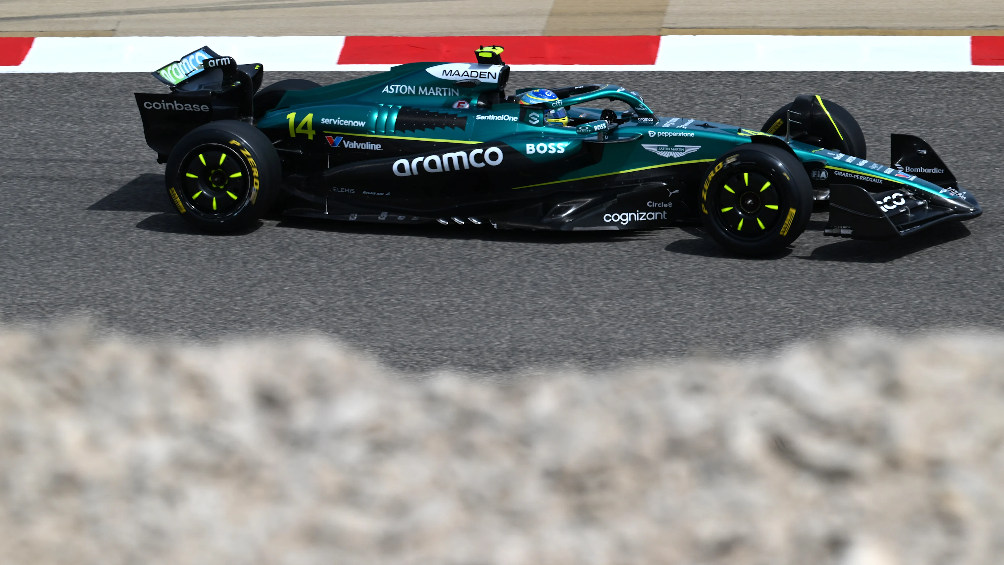 BAHRAIN, BAHRAIN - FEBRUARY 28: Fernando Alonso of Spain driving the (14) Aston Martin F1 Team