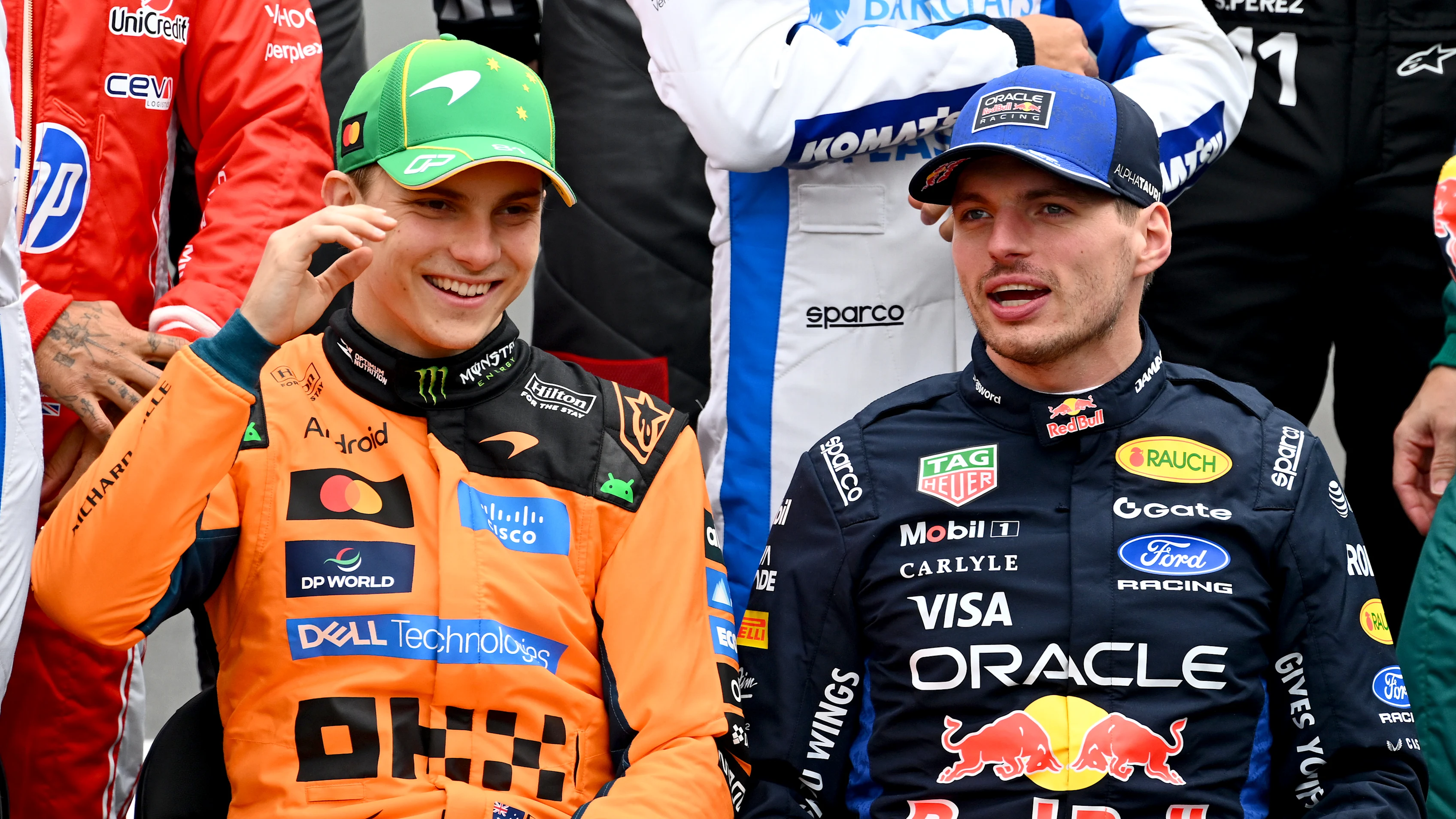 MELBOURNE, AUSTRALIA - MARCH 08: Oscar Piastri of Australia and McLaren and Max Verstappen of the