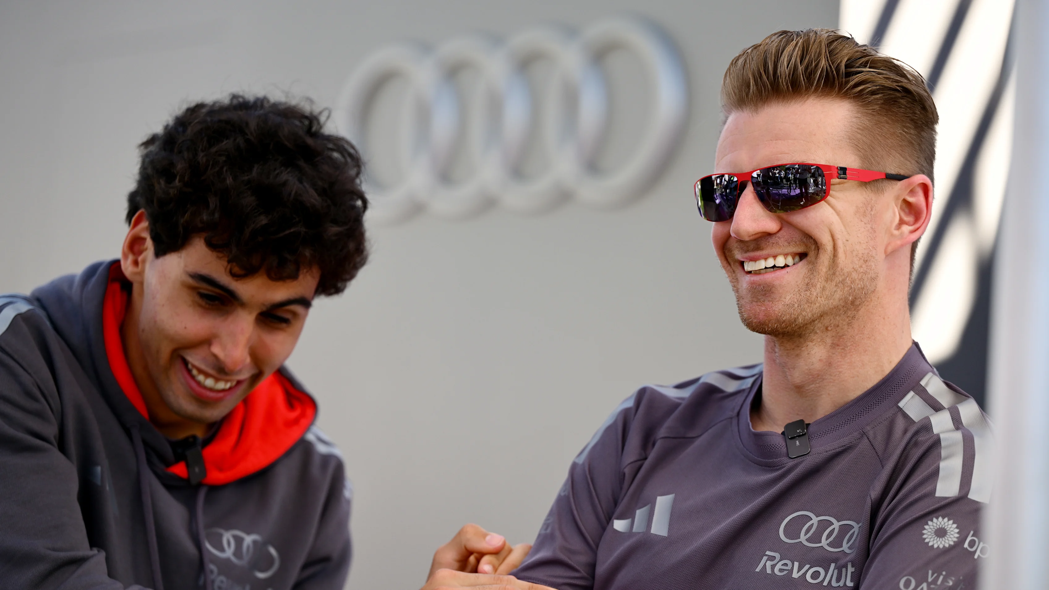 MELBOURNE, AUSTRALIA - MARCH 05: Gabriel Bortoleto of Brazil and Audi F1 Team and Nico Hulkenberg