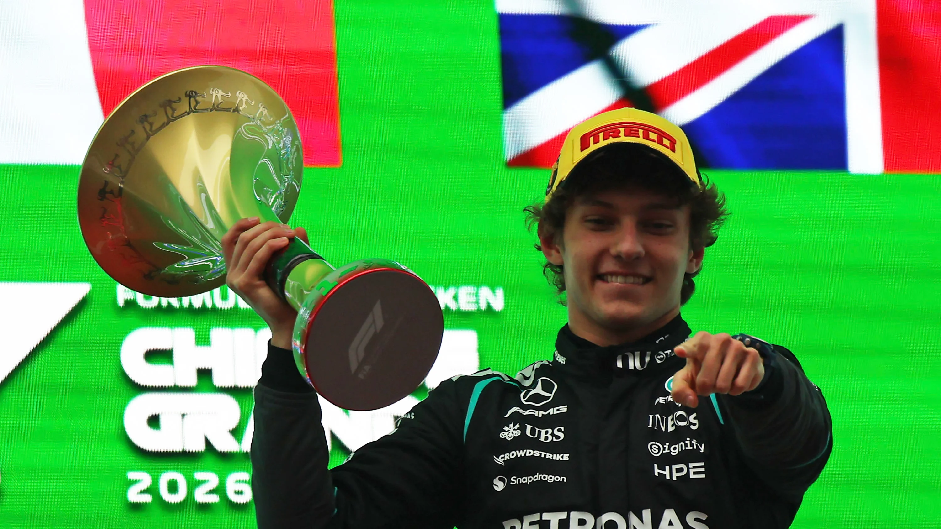 SHANGHAI, CHINA - MARCH 15: Race winner Andrea Kimi Antonelli of Italy and Mercedes AMG Petronas F1