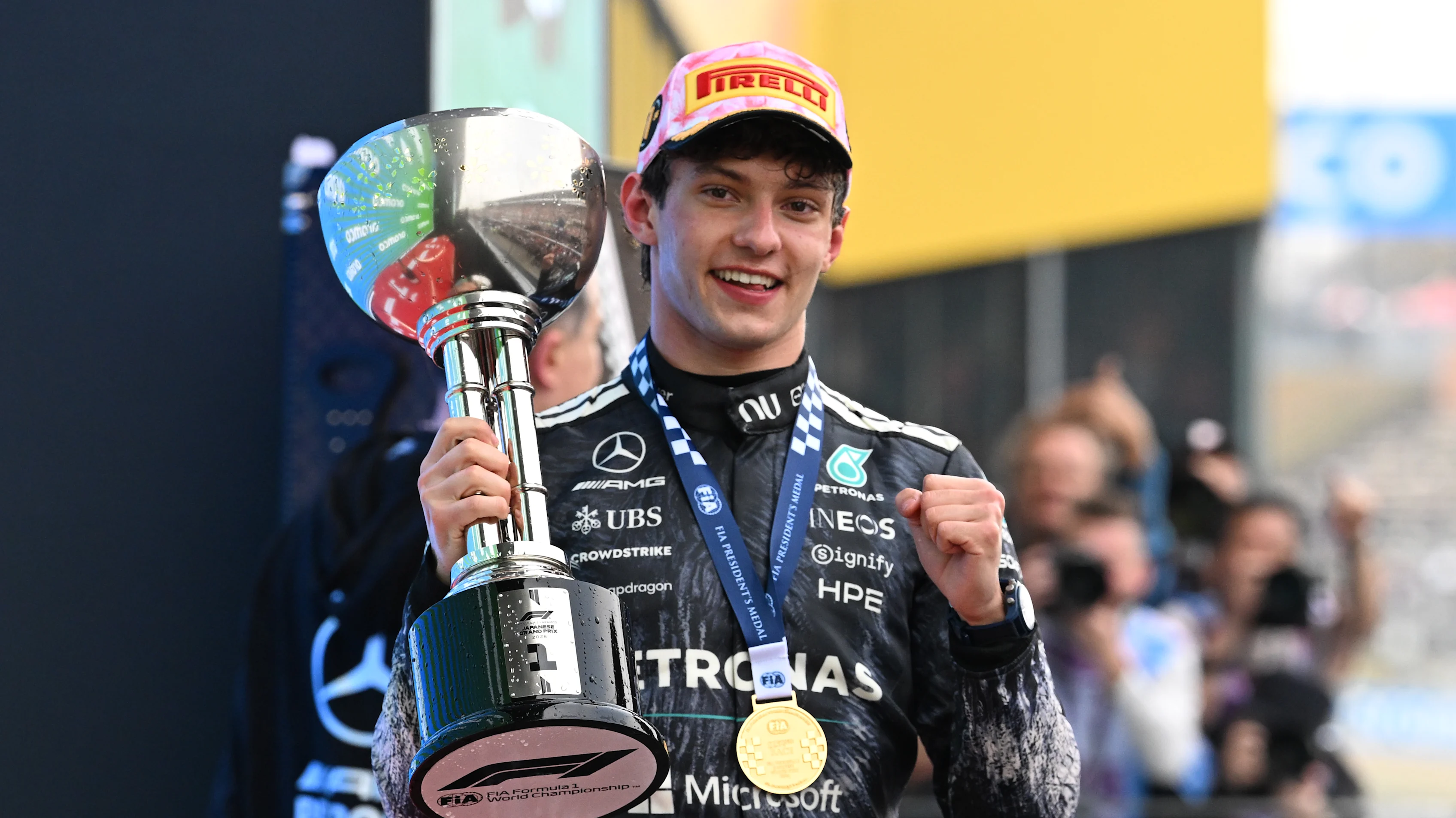 SUZUKA, JAPAN - MARCH 29: Race winner Andrea Kimi Antonelli of Italy and Mercedes AMG Petronas F1