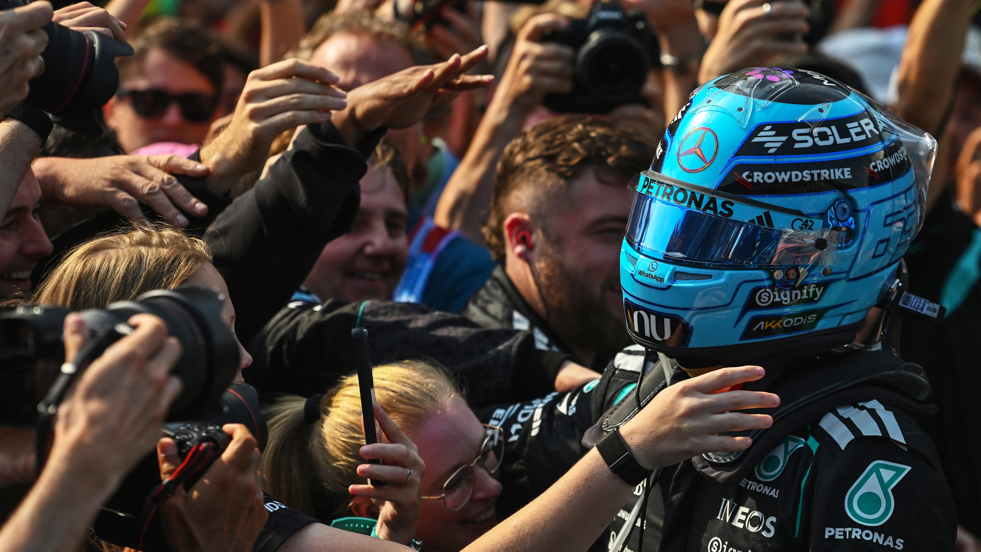 SPIELBERG, AUSTRIA - JUNE 28: Race winner George Russell of Great Britain and Mercedes AMG Petronas