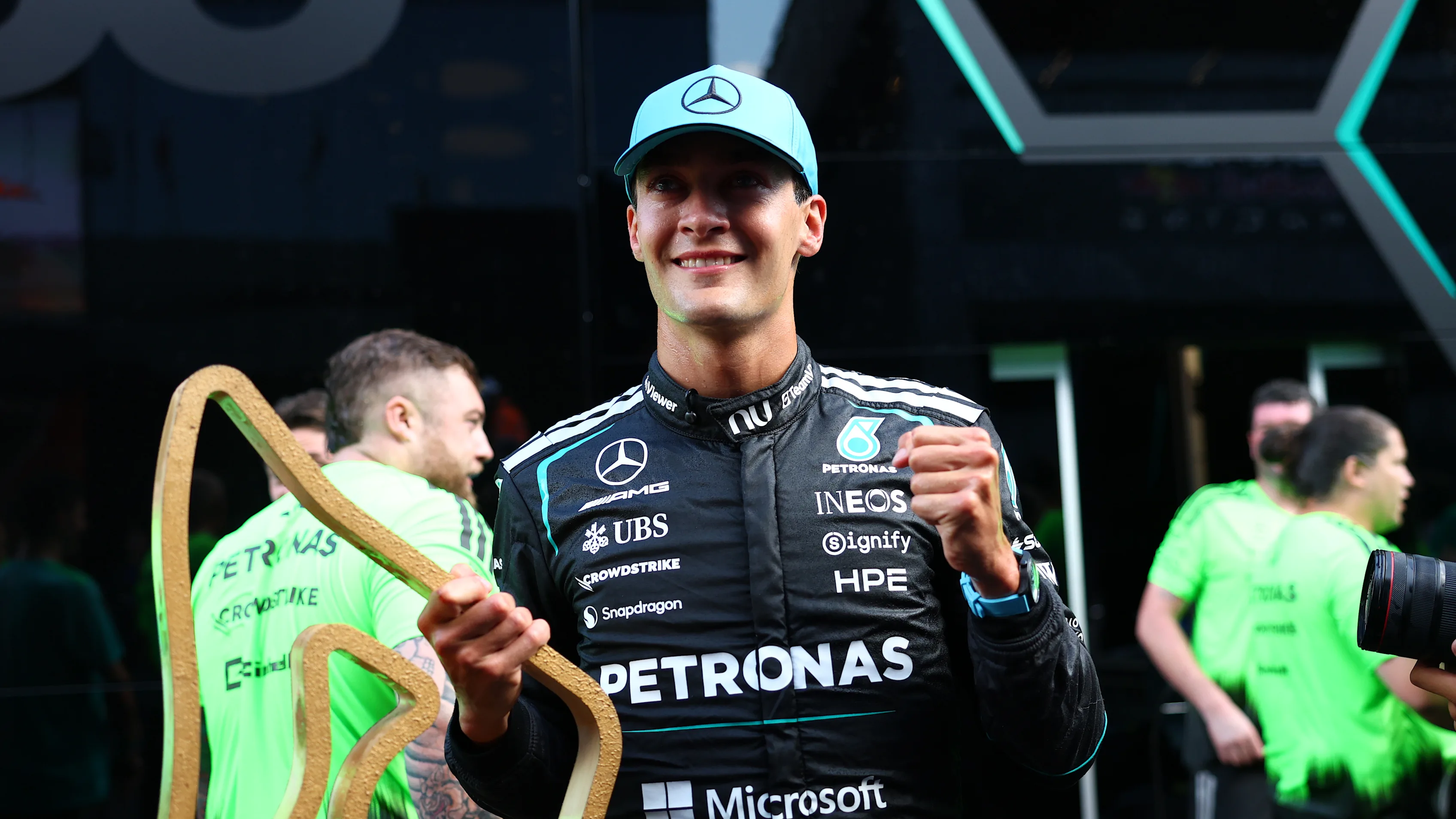 SPIELBERG, AUSTRIA - JUNE 28: Race winner George Russell of Great Britain and Mercedes AMG Petronas