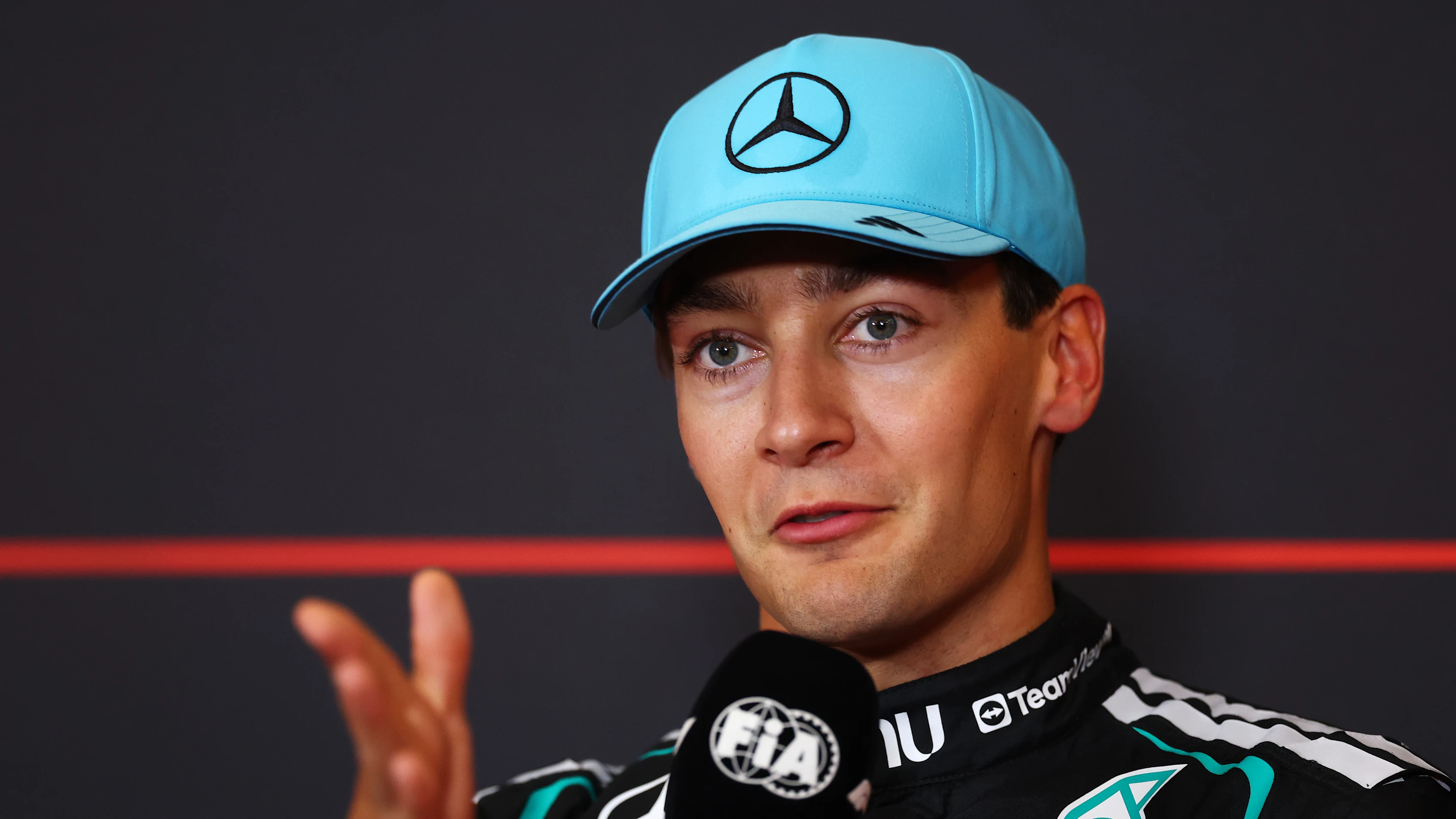 SPIELBERG, AUSTRIA - JUNE 27: Pole position qualifier George Russell of Great Britain and Mercedes