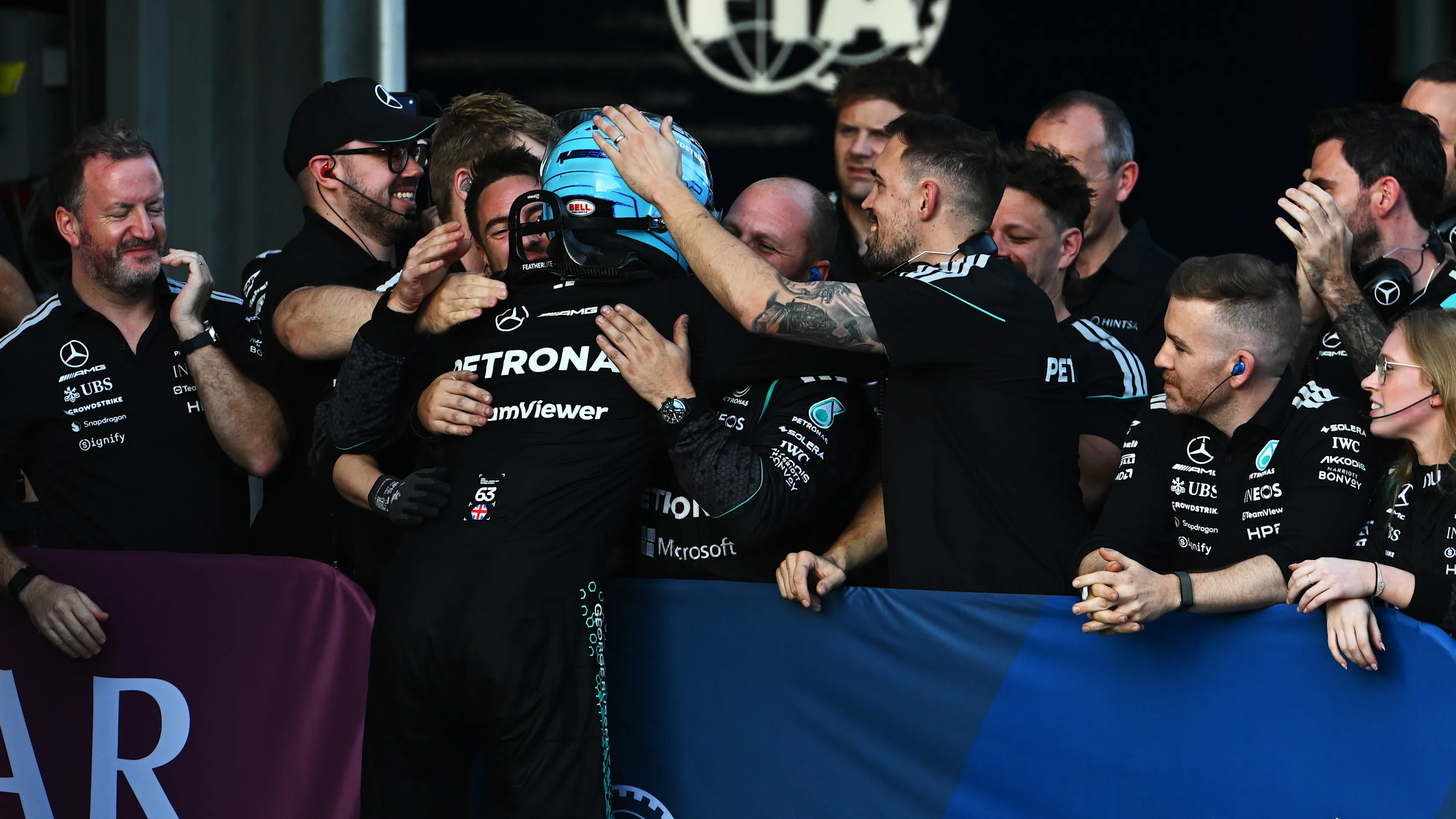 BAKU, AZERBAIJAN - SEPTEMBER 26: Race winner George Russell of Great Britain and Mercedes AMG