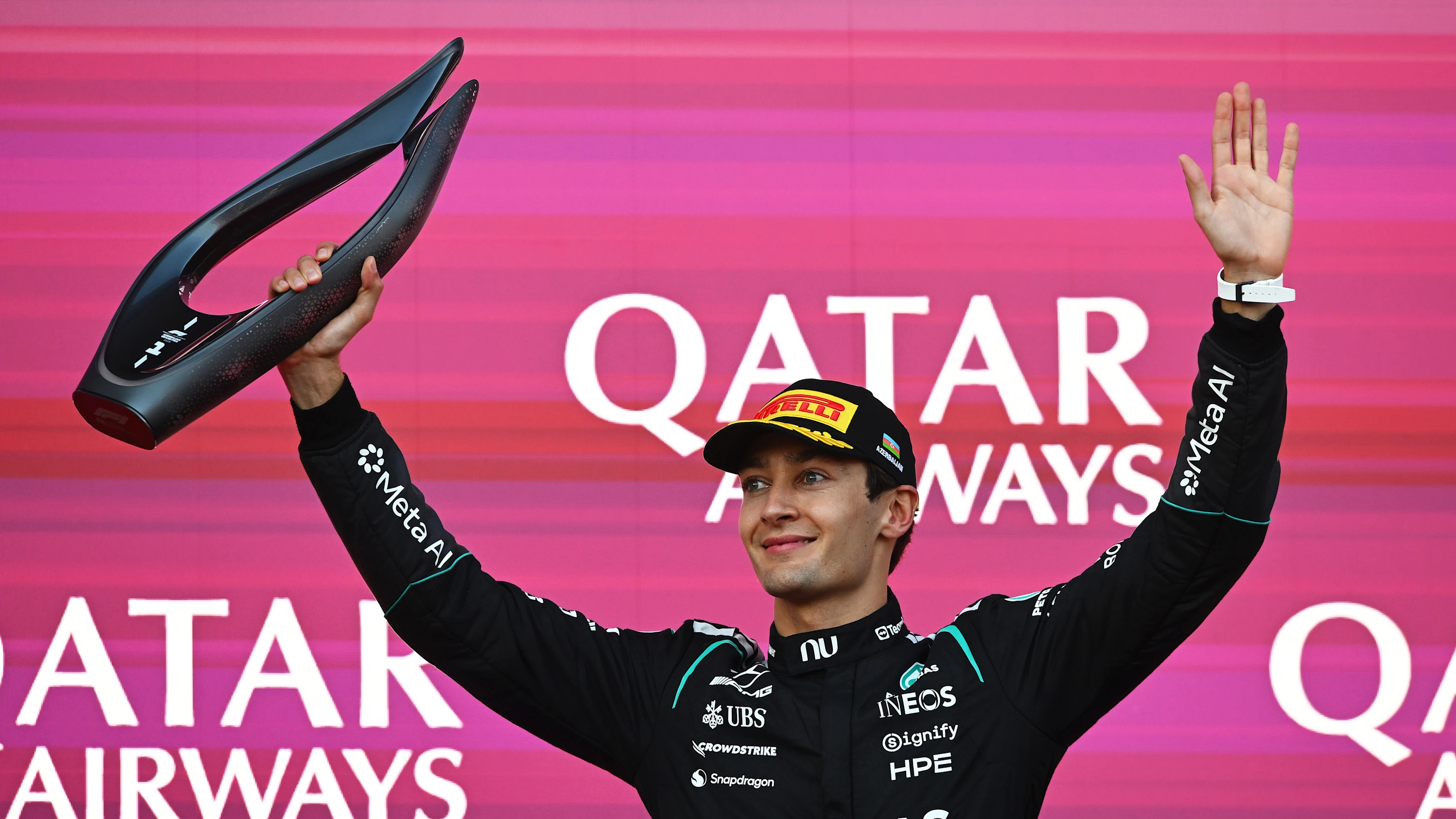 BAKU, AZERBAIJAN - SEPTEMBER 26: Race winner George Russell of Great Britain and Mercedes AMG