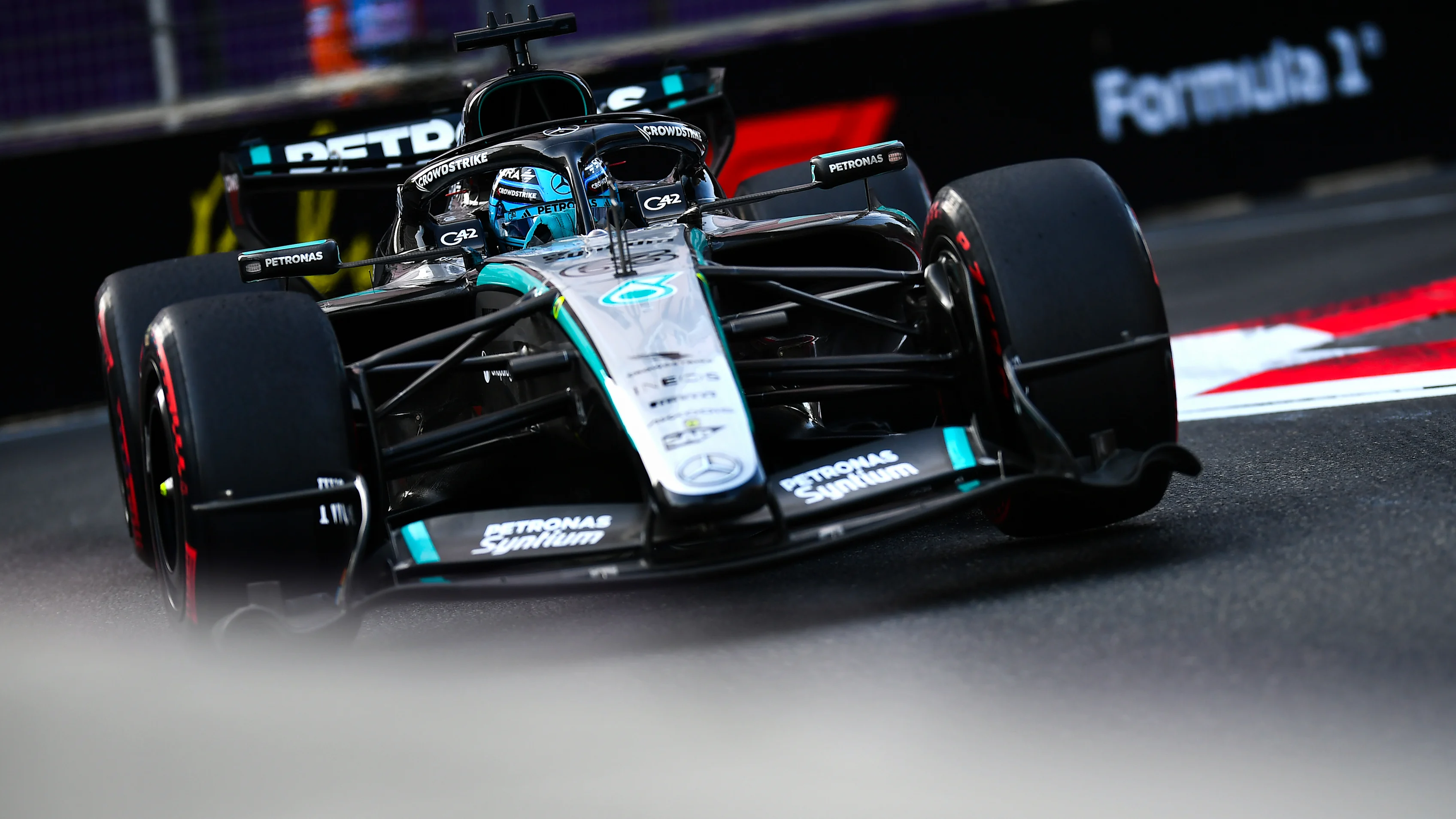 BAKU, AZERBAIJAN - SEPTEMBER 26: George Russell of Great Britain driving the (63) Mercedes AMG