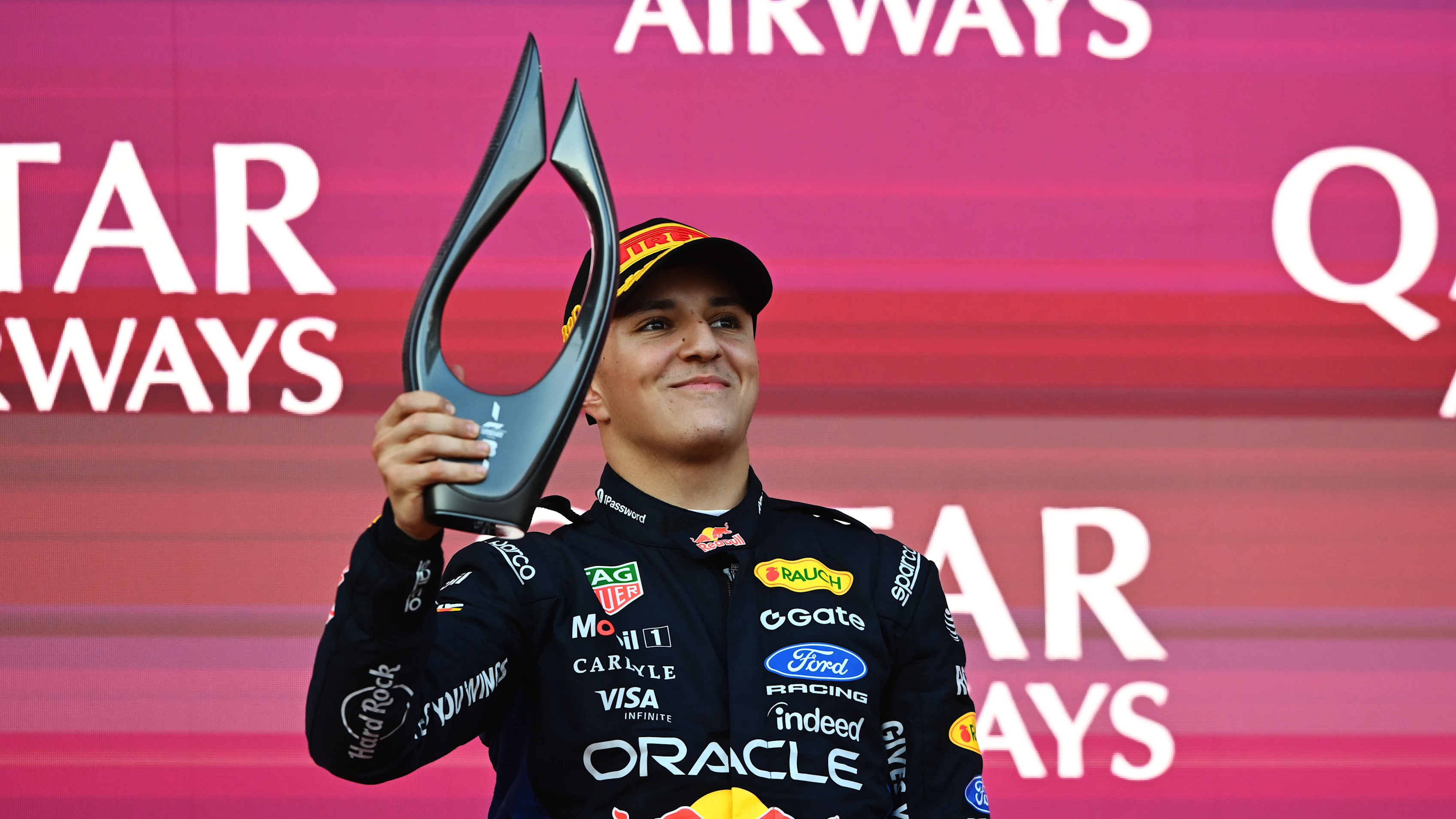 BAKU, AZERBAIJAN - SEPTEMBER 26: Third placed Isack Hadjar of France and Oracle Red Bull Racing