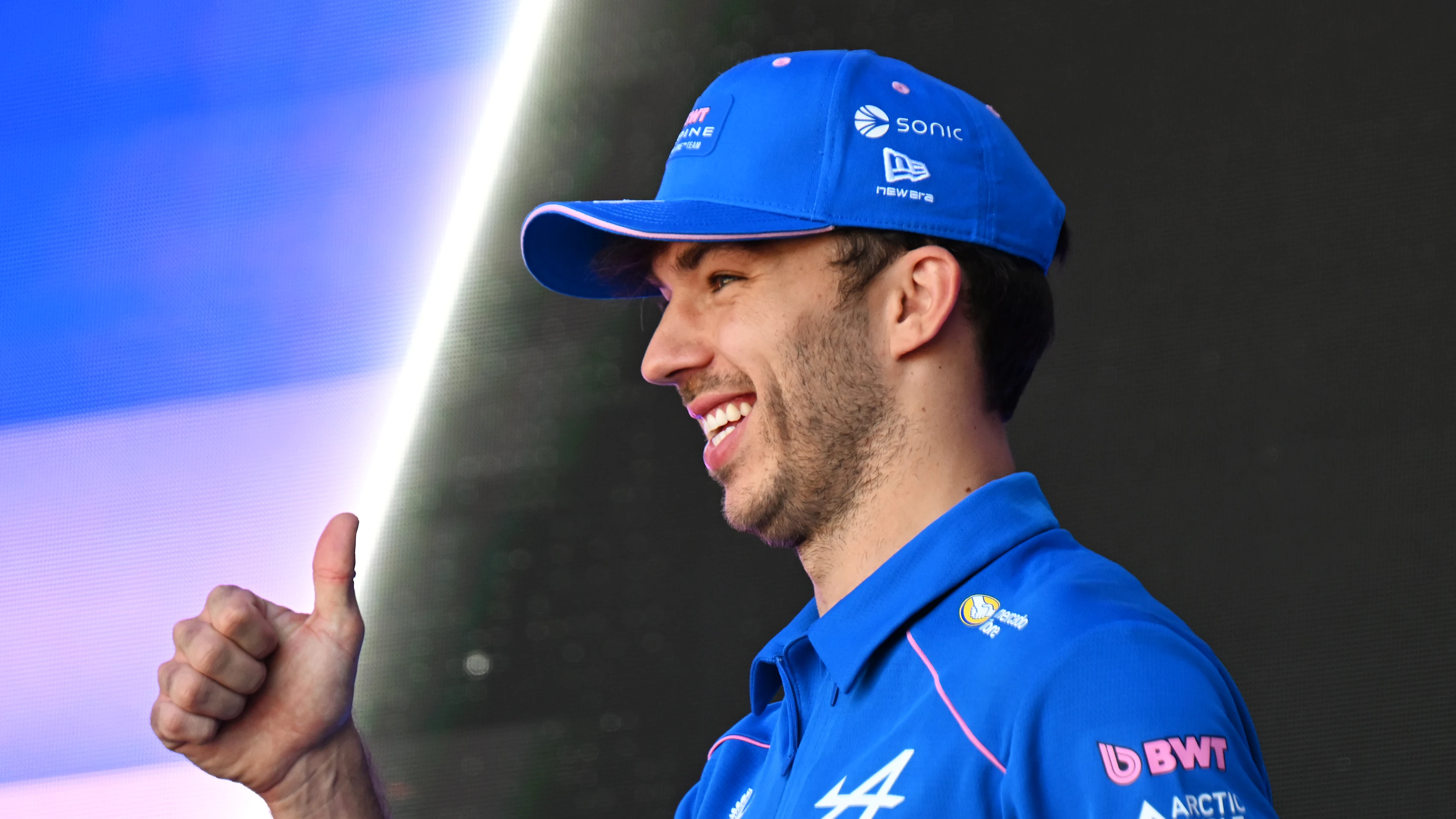 BARCELONA, SPAIN - JUNE 12: Pierre Gasly of France and Alpine F1 gives a thumbs up from the stage