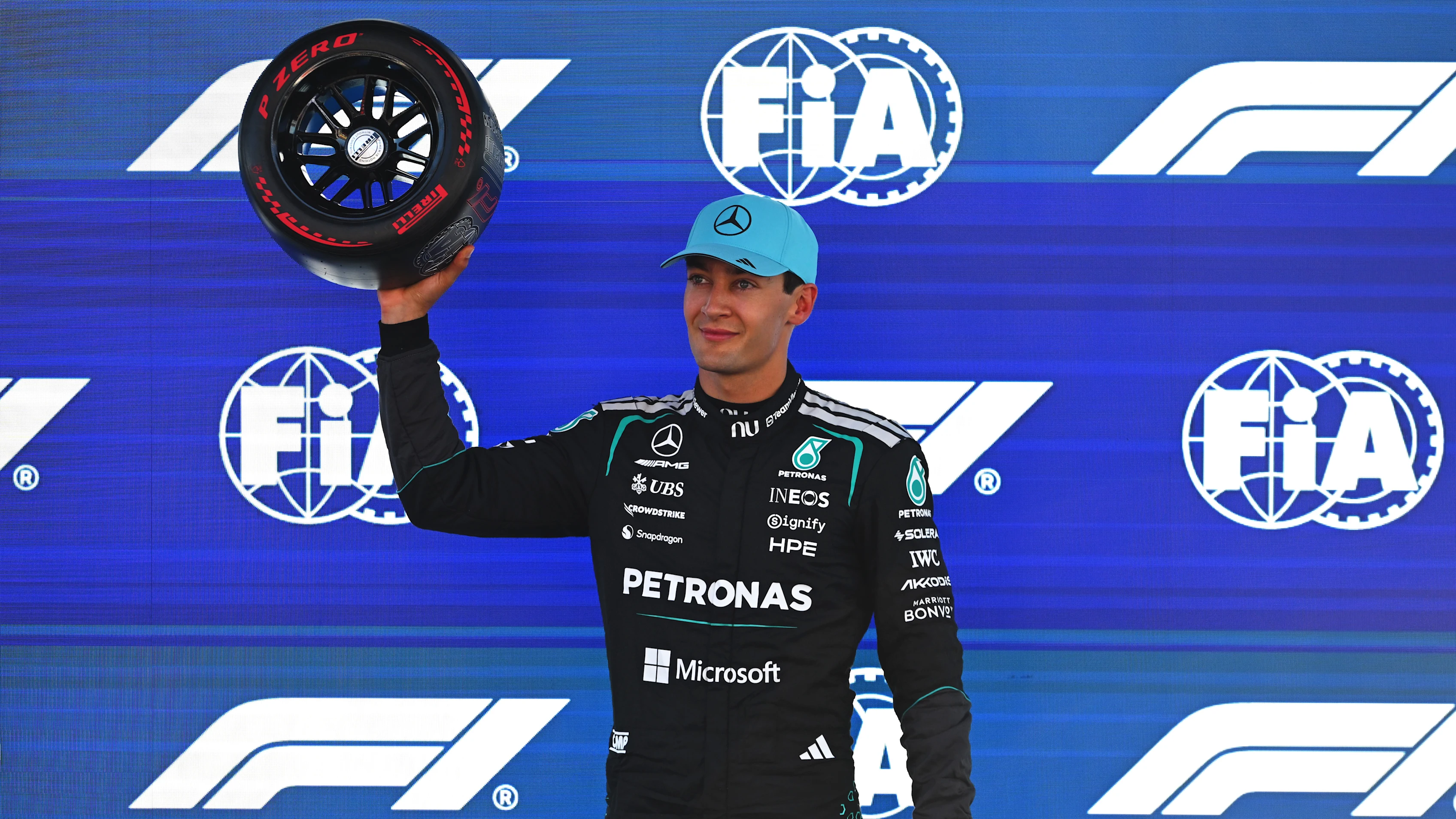 BARCELONA, SPAIN - JUNE 13: Pole position qualifier George Russell of Great Britain and Mercedes