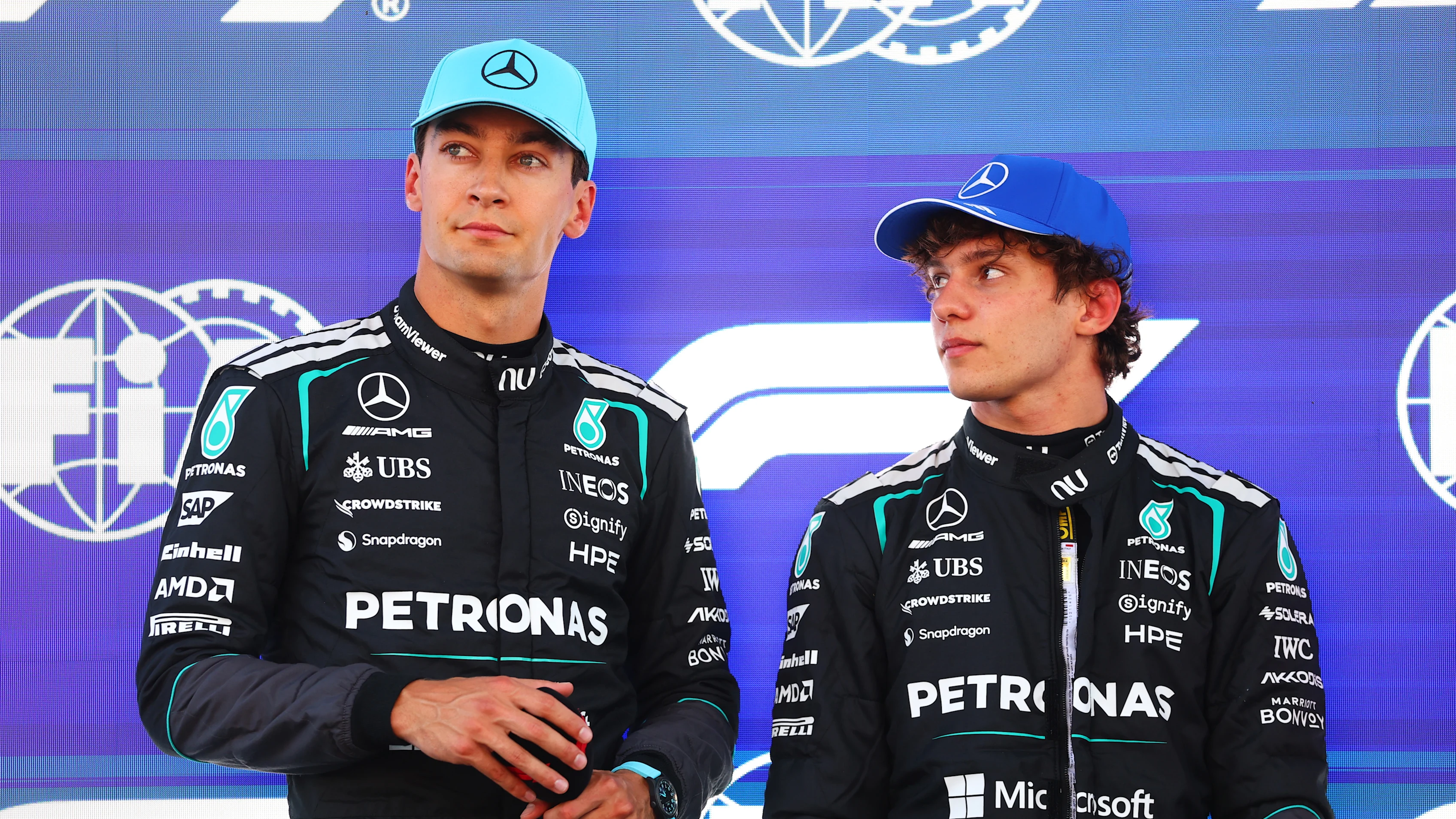 BARCELONA, SPAIN - JUNE 13: Pole position qualifier George Russell of Great Britain and Mercedes