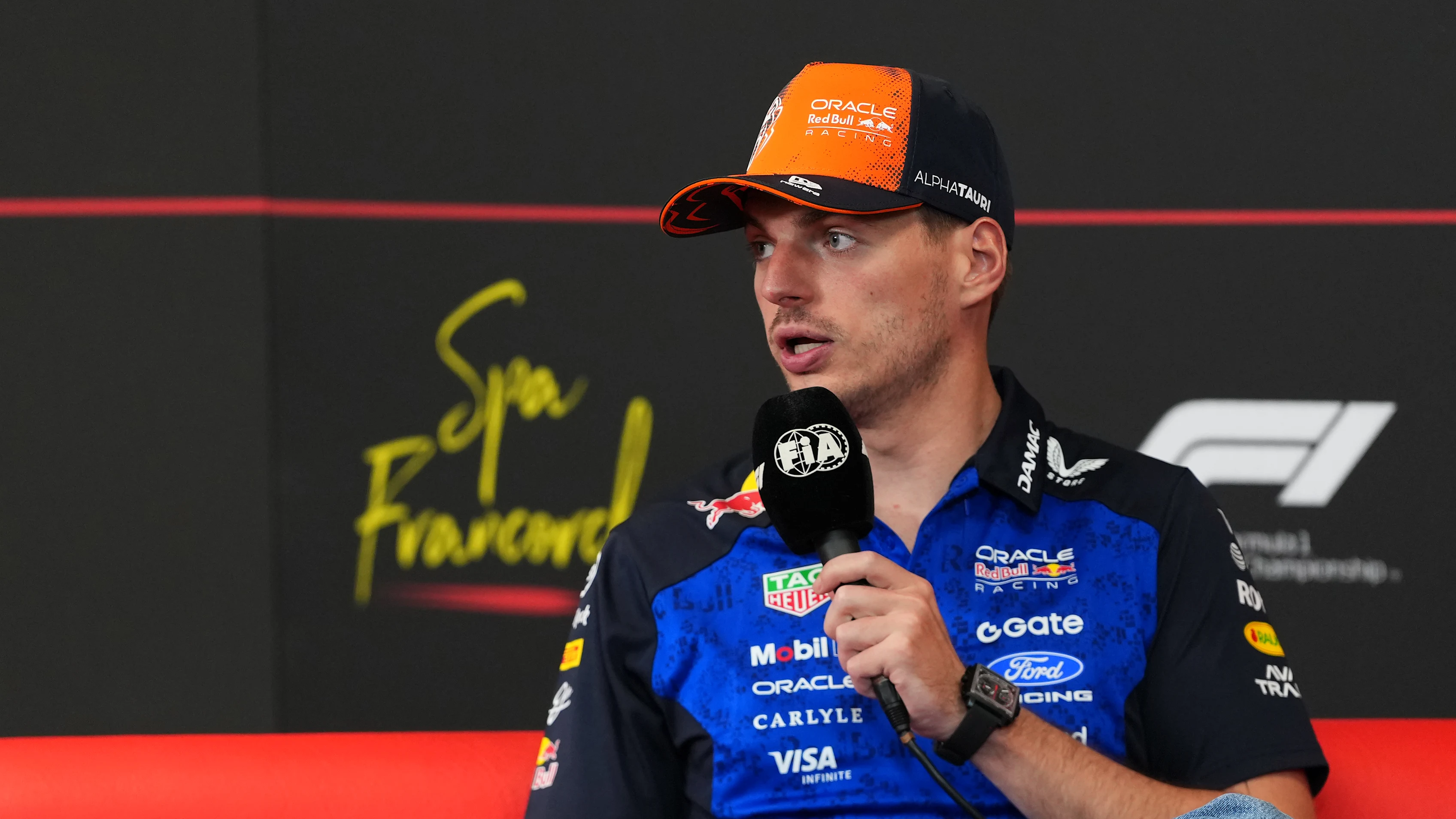 SPA, BELGIUM - JULY 16: Max Verstappen of the Netherlands and Oracle Red Bull Racing speaks in the