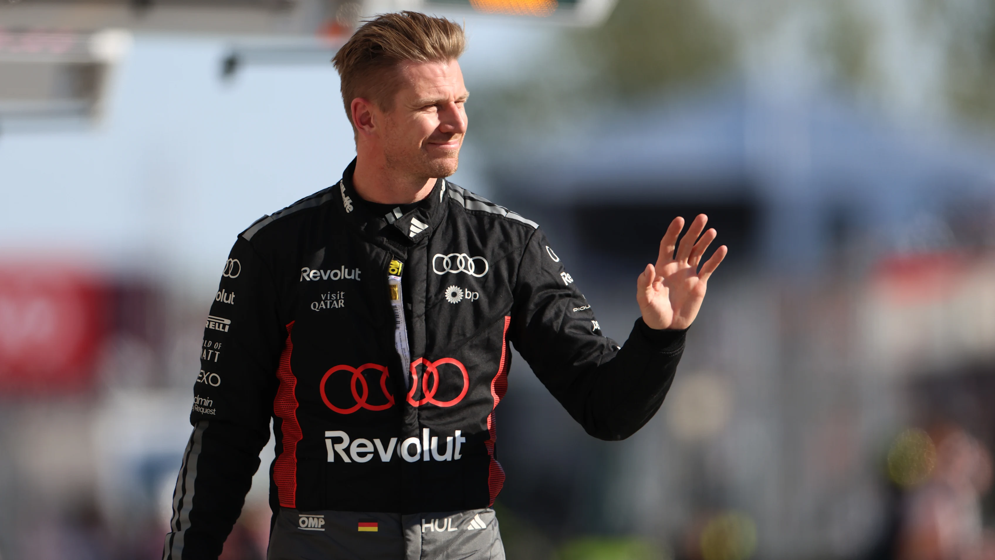 MONTREAL, QUEBEC - MAY 22: Nico Hulkenberg of Germany and Audi F1 Team waves from the pitlane during Sprint Qualifying ahead of the F1 Grand Prix of Canada at Circuit Gilles-Villeneuve on May 22, 2026 in Montreal, Quebec. (Photo by Bryn Lennon - Formula 1/Formula 1 via Getty Images)
