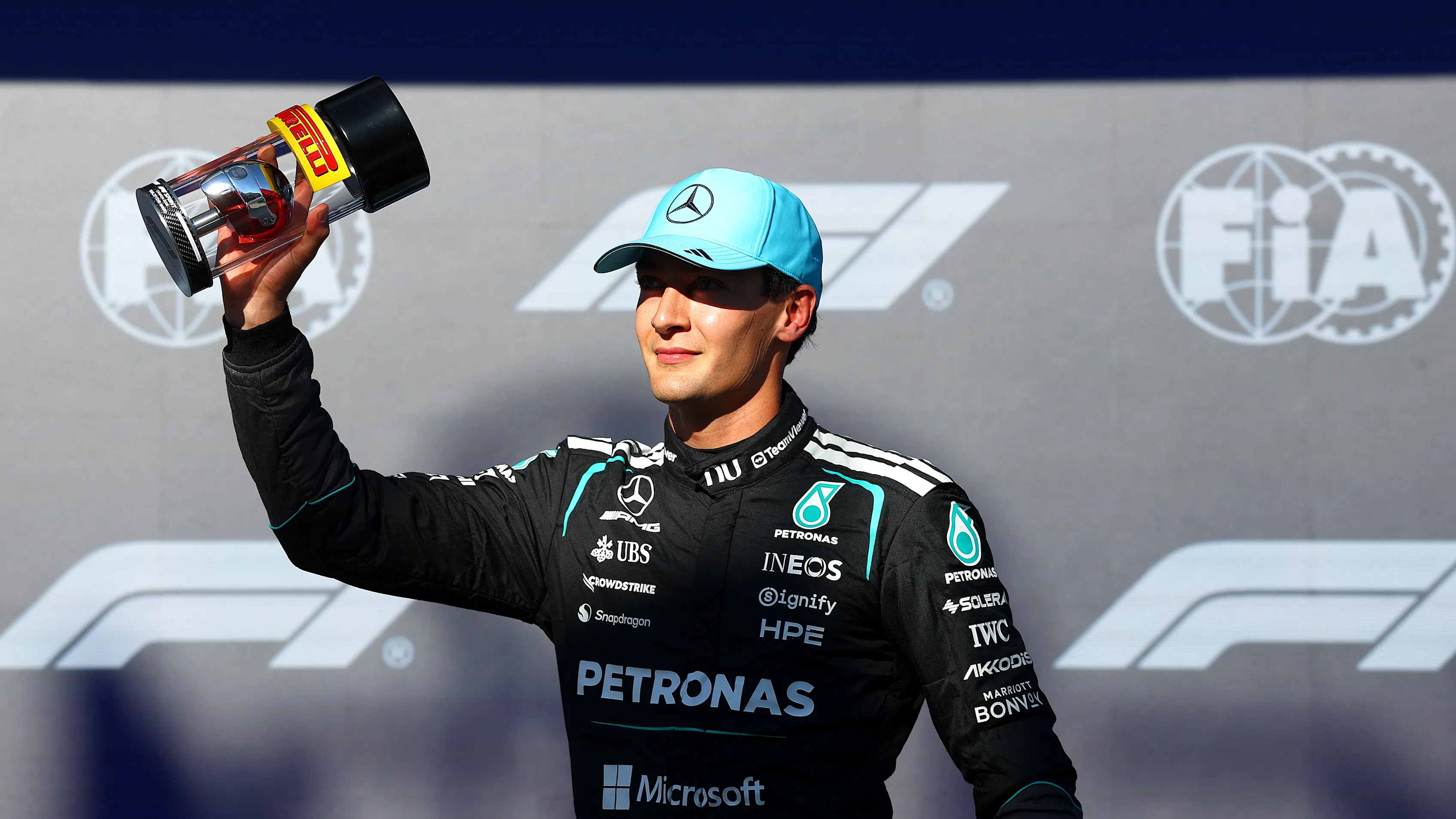 MONTREAL, QUEBEC - MAY 22: Sprint Pole qualifier George Russell of Great Britain and Mercedes AMG