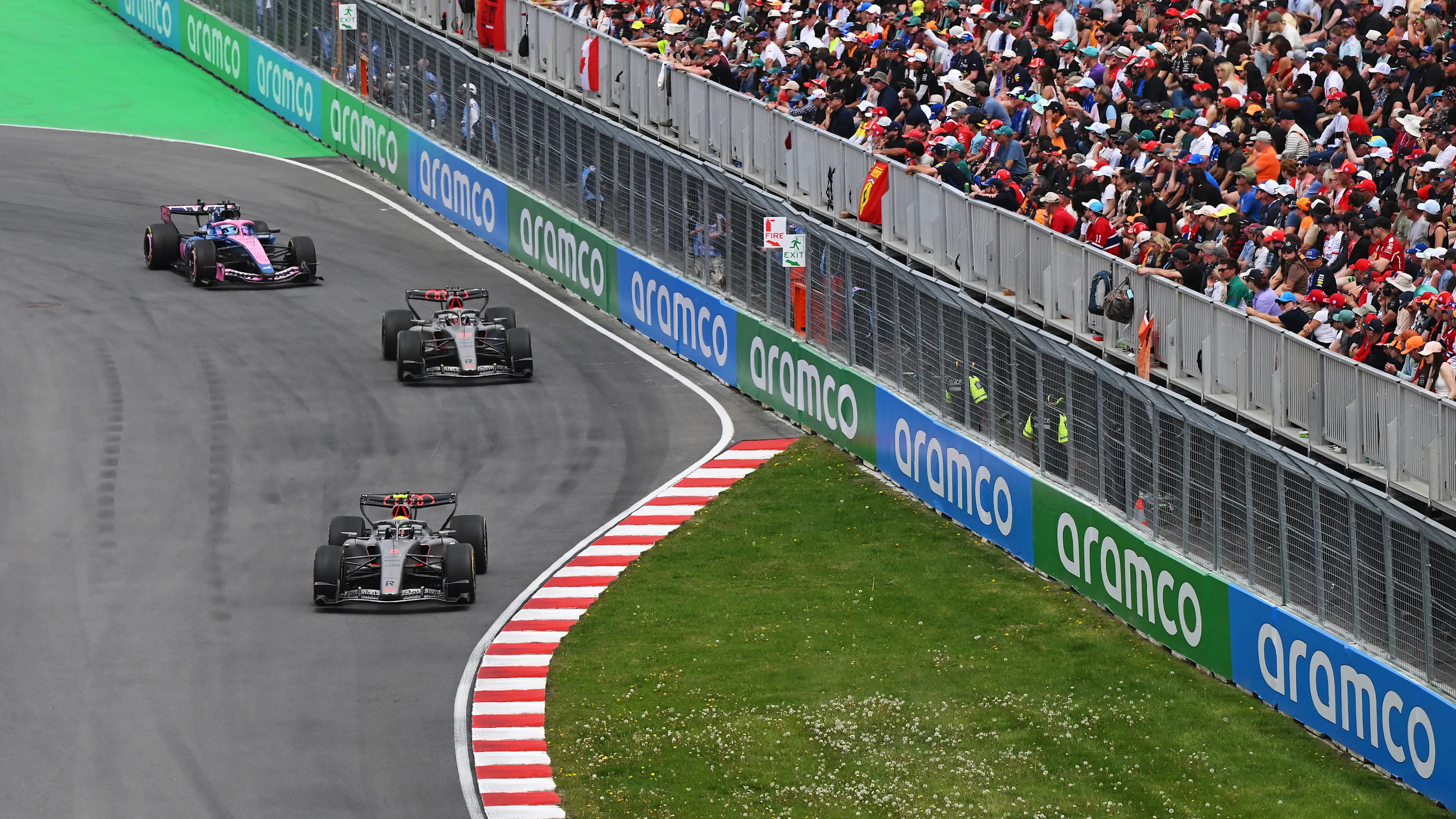 MONTREAL, QUEBEC - MAY 23: Gabriel Bortoleto of Brazil driving the (5) Audi F1 Team R26 leads Nico Hulkenberg of Germany driving the (27) Audi F1 Team R26 and Pierre Gasly of France driving the (10) Alpine F1 A526 Mercedes on track during the Sprint ahead of the F1 Grand Prix of Canada at Circuit Gilles-Villeneuve on May 23, 2026 in Montreal, Quebec. (Photo by Minas Panagiotakis/Getty Images)