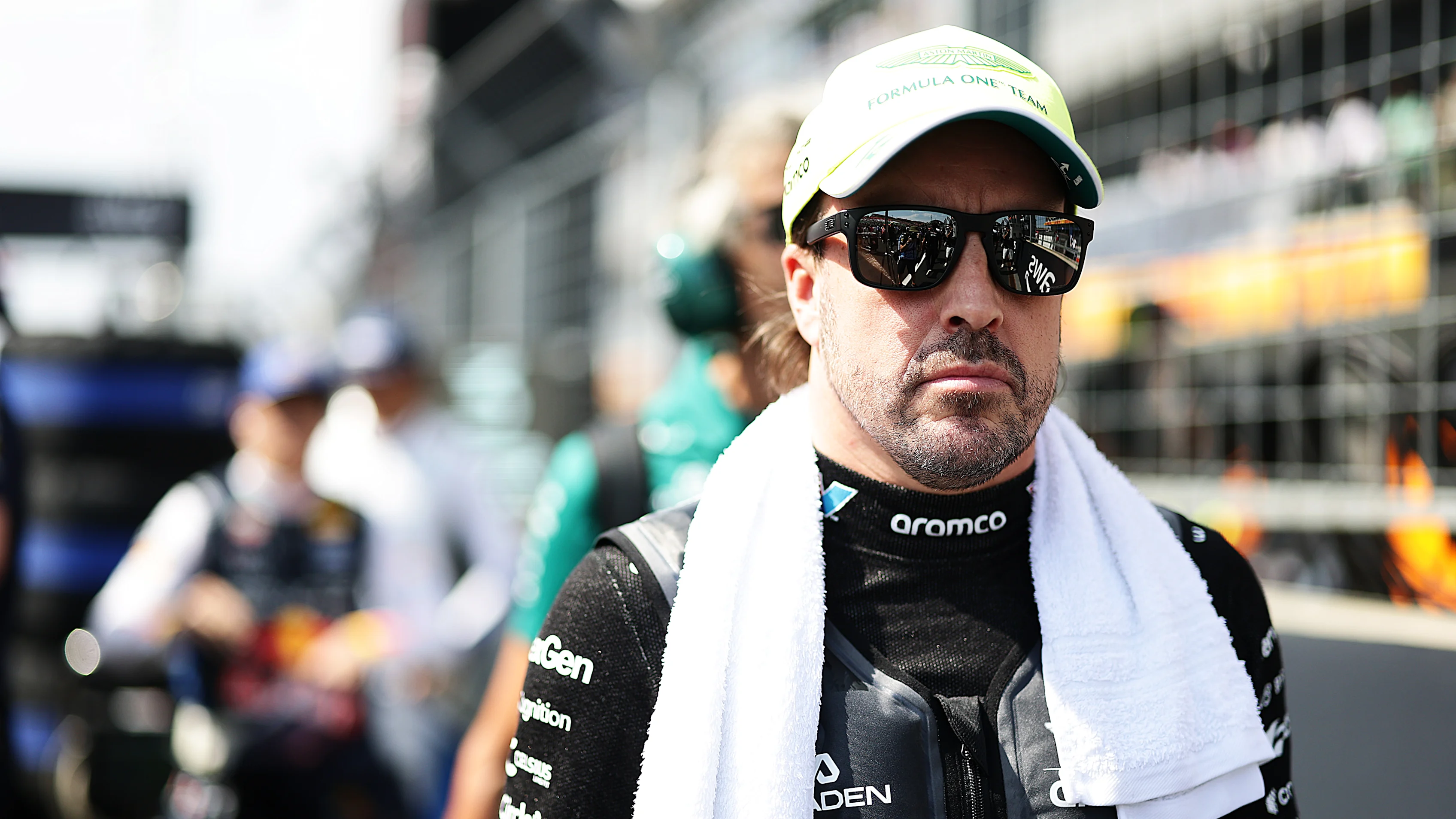 BUDAPEST, HUNGARY - JULY 26: Fernando Alonso of Spain and Aston Martin F1 Team on the grid prior to