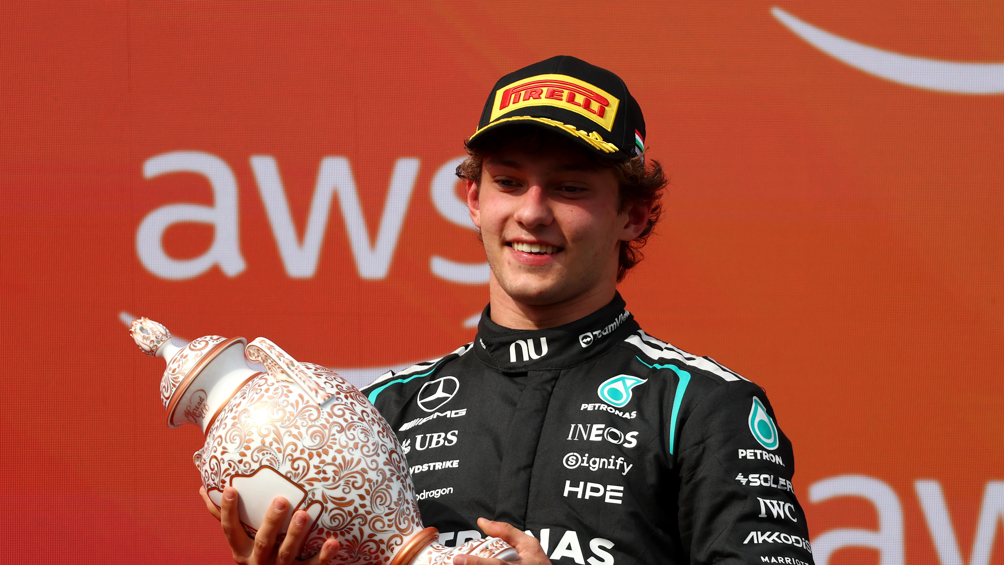 BUDAPEST, HUNGARY - JULY 26: Third placed Andrea Kimi Antonelli of Italy and Mercedes AMG Petronas