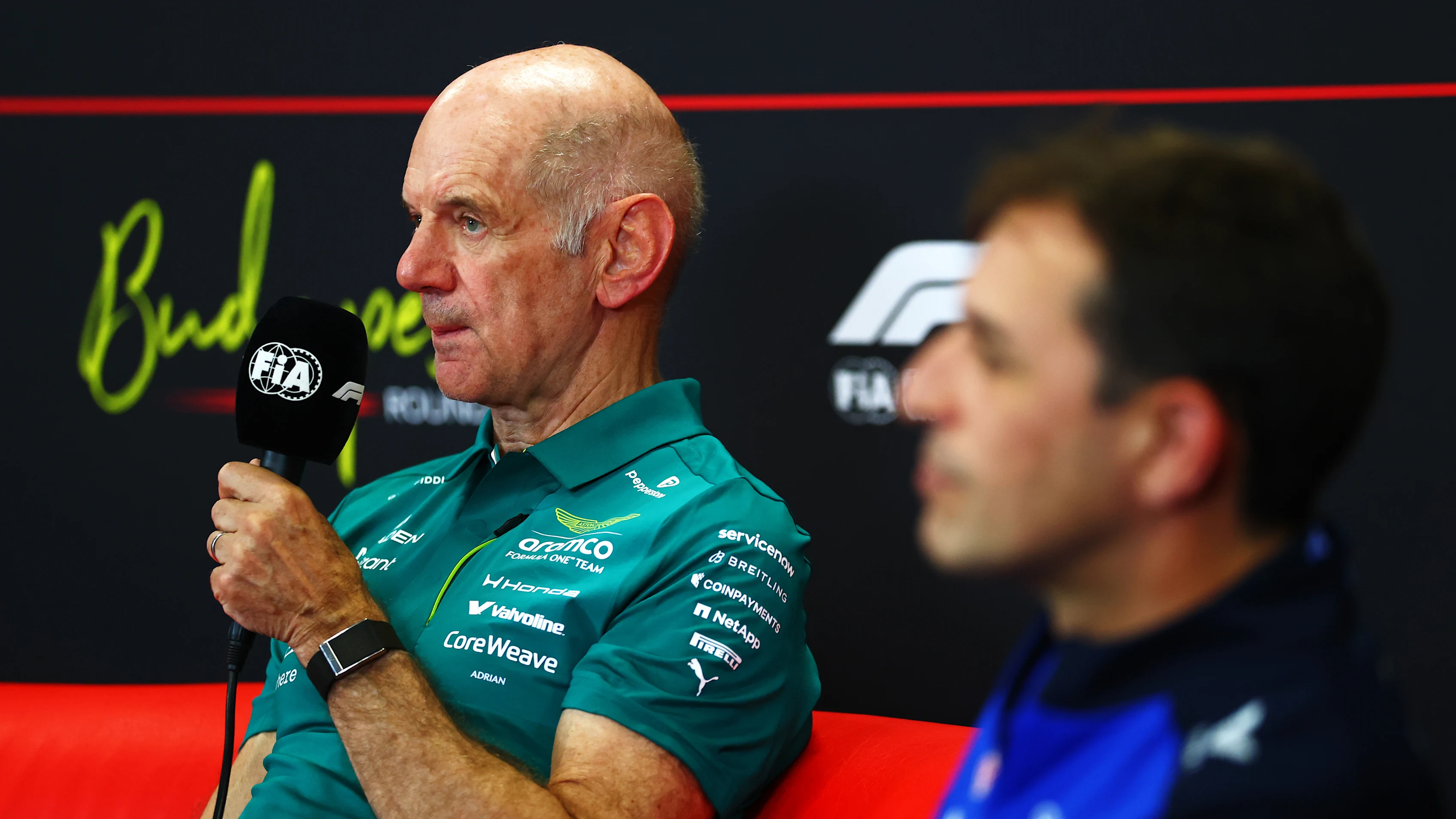 BUDAPEST, HUNGARY - JULY 24: Adrian Newey, Team Principal of Aston Martin F1 Team and Pierre Wache,