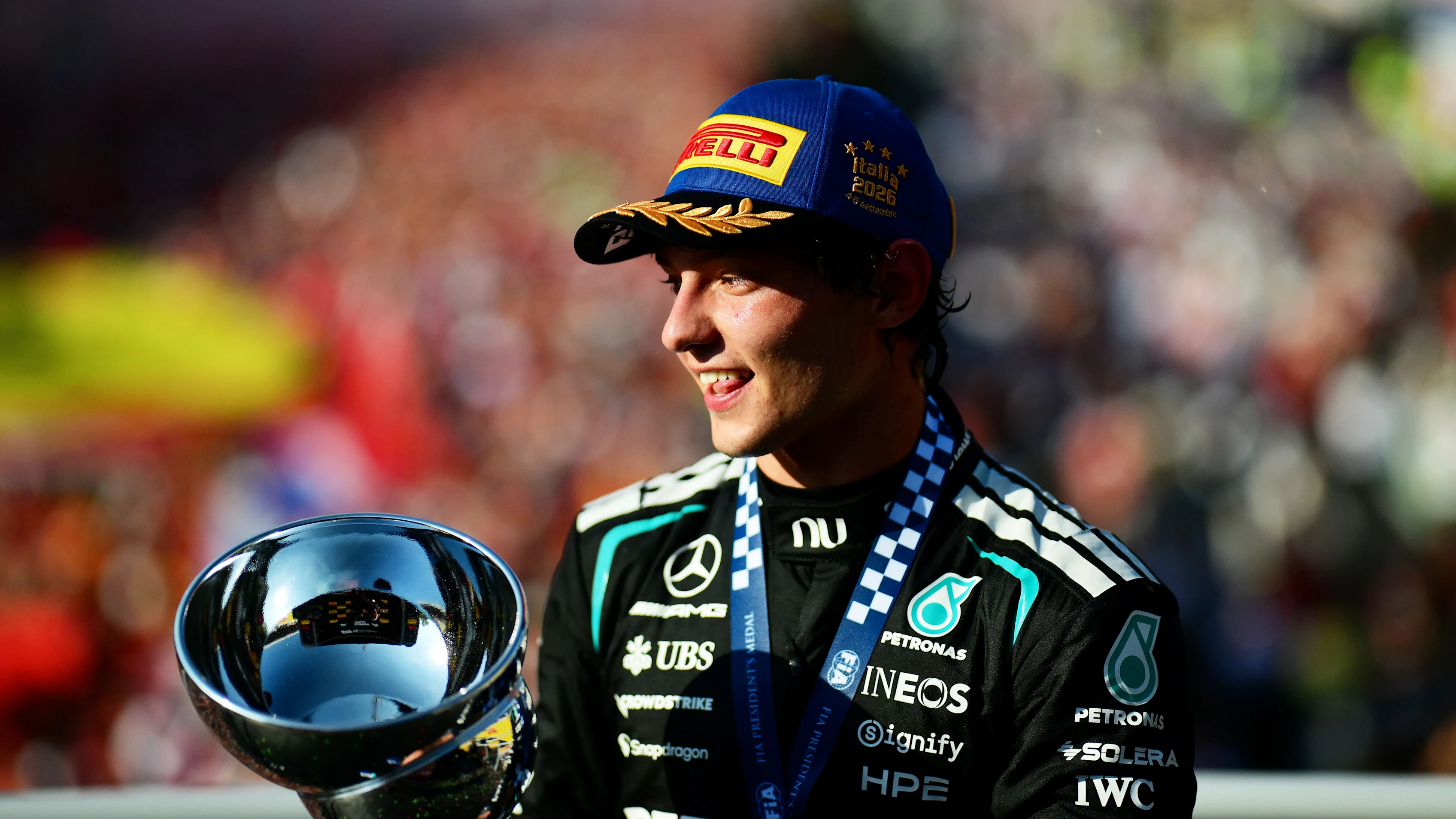 MONZA, ITALY - SEPTEMBER 06: Race winner Andrea Kimi Antonelli of Italy and Mercedes AMG Petronas