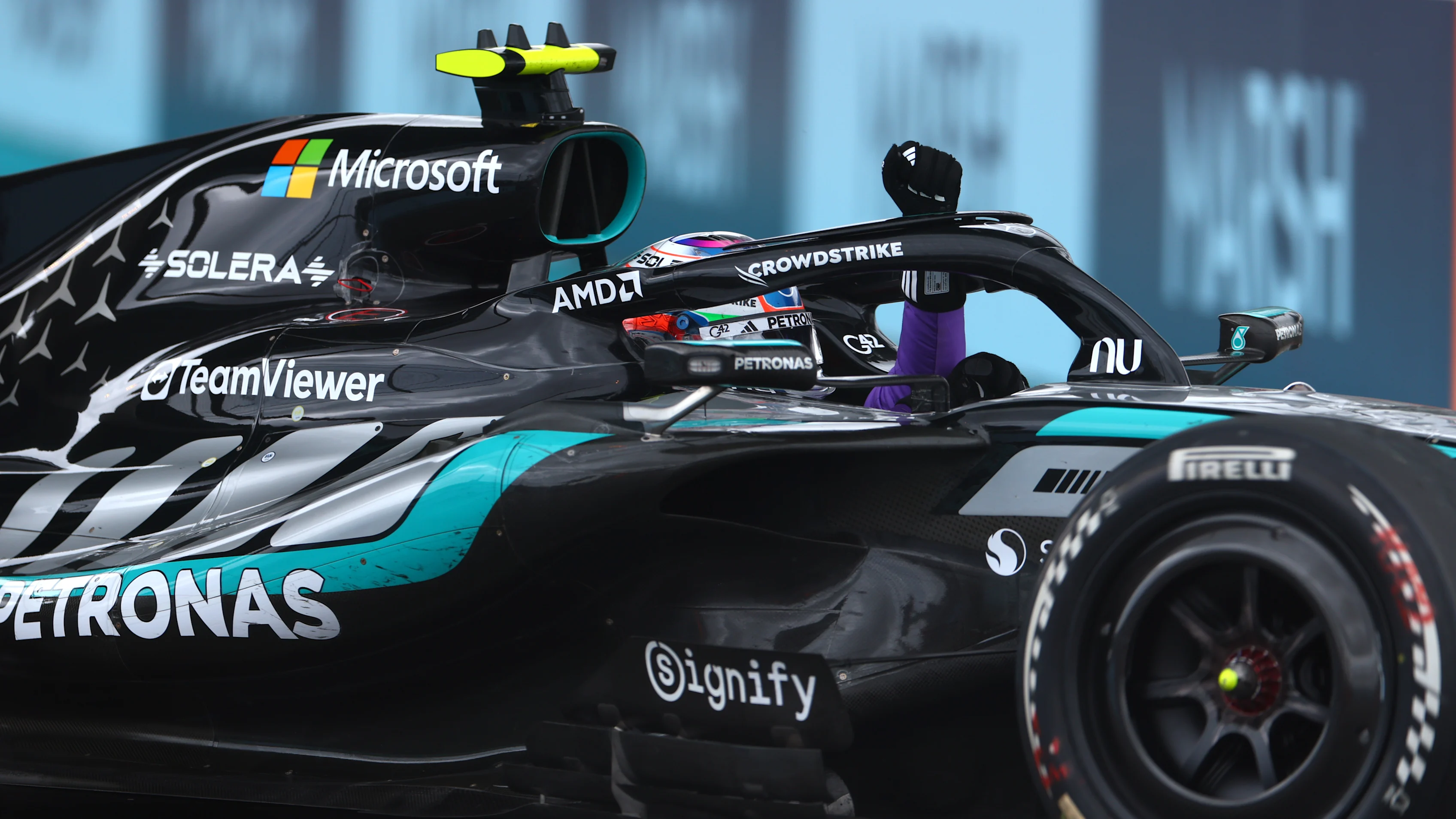 MIAMI, FLORIDA - MAY 03: Race winner Andrea Kimi Antonelli of Italy driving the (12) Mercedes AMG