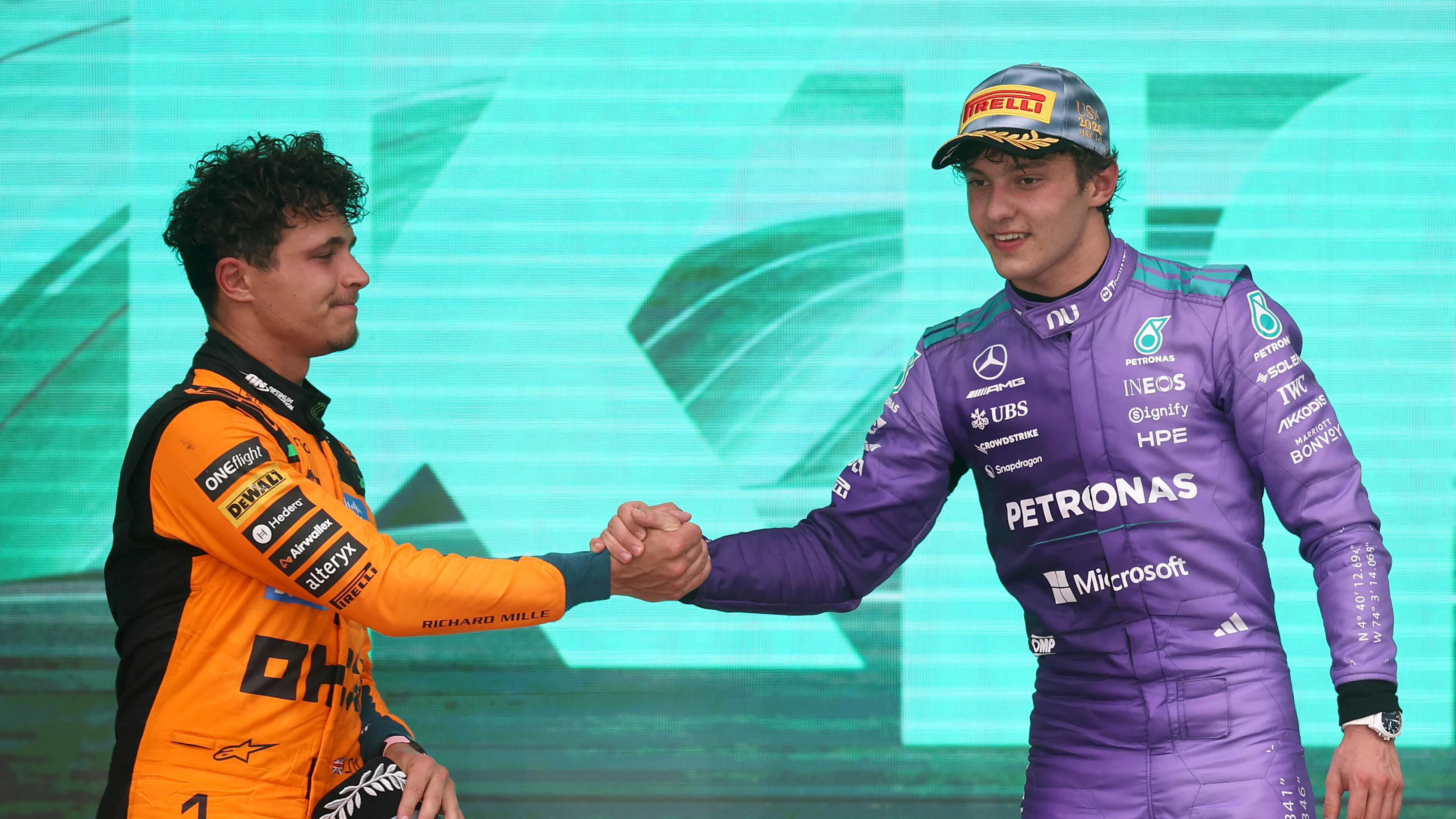 MIAMI, FLORIDA - MAY 03: Race winner Andrea Kimi Antonelli of Italy and Mercedes AMG Petronas F1
