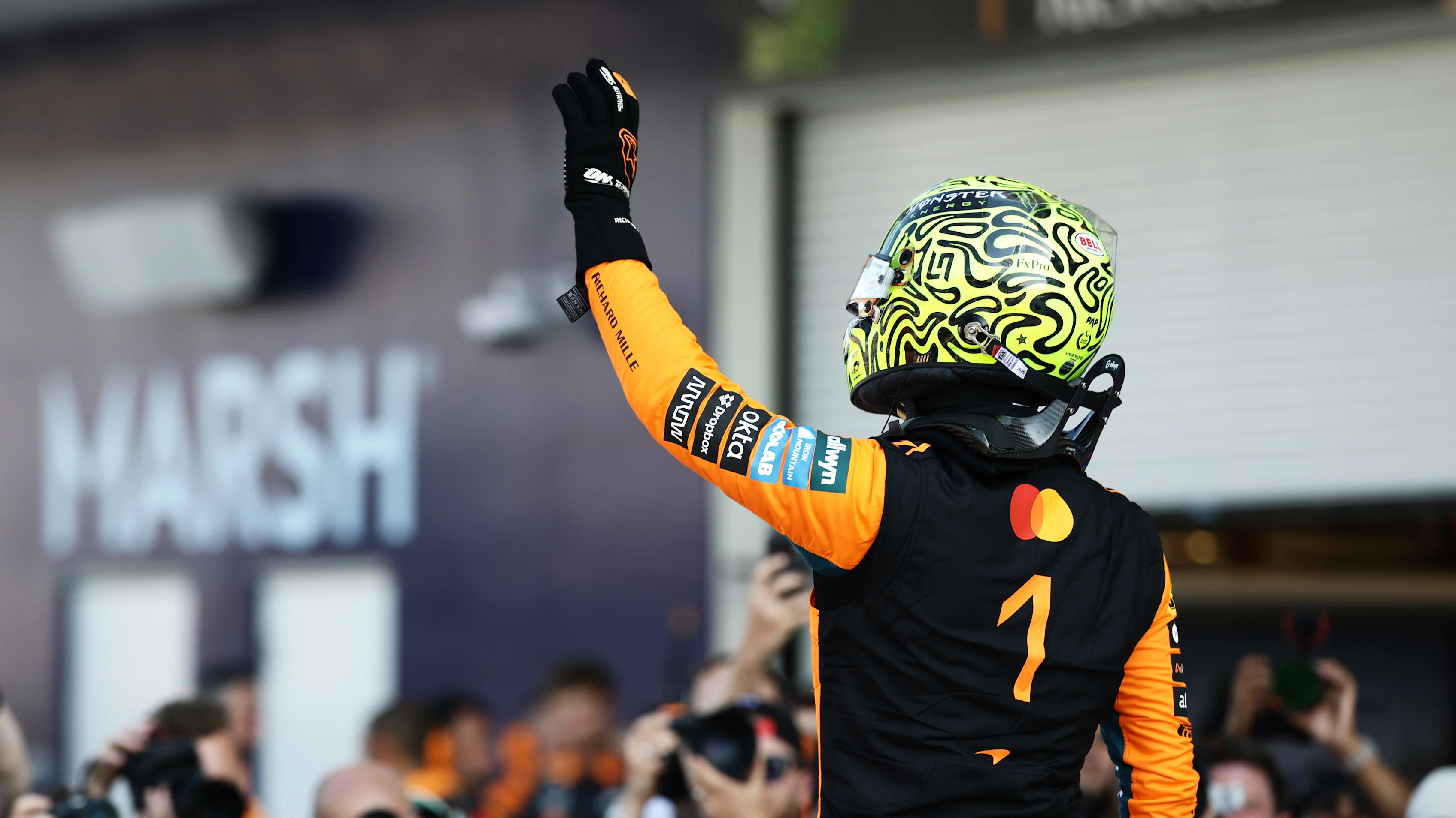 MIAMI, FLORIDA - MAY 01: Sprint Pole qualifier Lando Norris of Great Britain and McLaren celebrates in parc ferme during Sprint Qualifying ahead of the F1 Grand Prix of Miami at Miami International Autodrome on May 01, 2026 in Miami, Florida. (Photo by Mark Thompson/Getty Images)