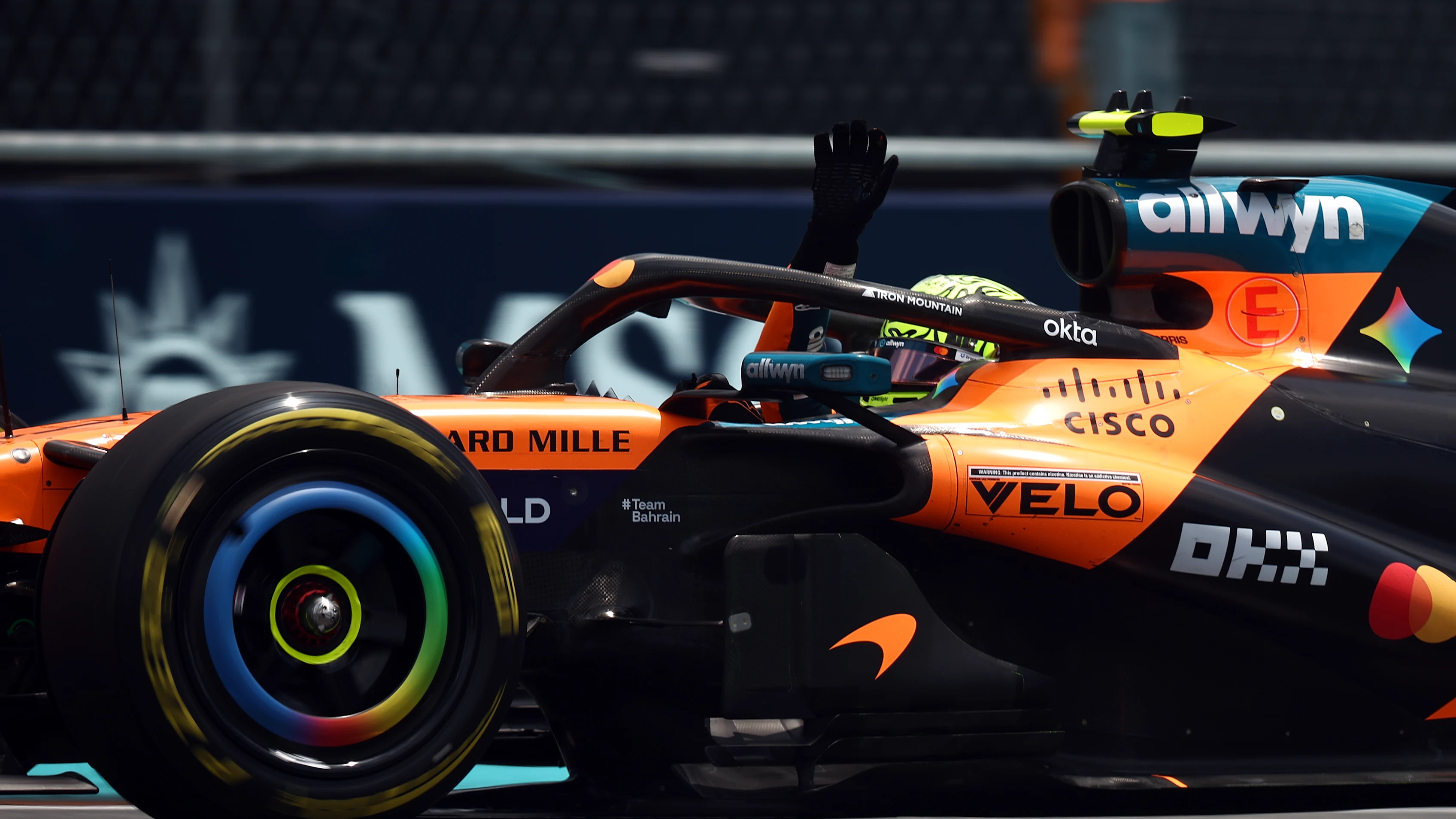 MIAMI, FLORIDA - MAY 02: Sprint winner Lando Norris of Great Britain and McLaren celebrates on his way to Parc Ferme during the Sprint ahead of the F1 Grand Prix of Miami at Miami International Autodrome on May 02, 2026 in Miami, Florida. (Photo by Chris Graythen/Getty Images)