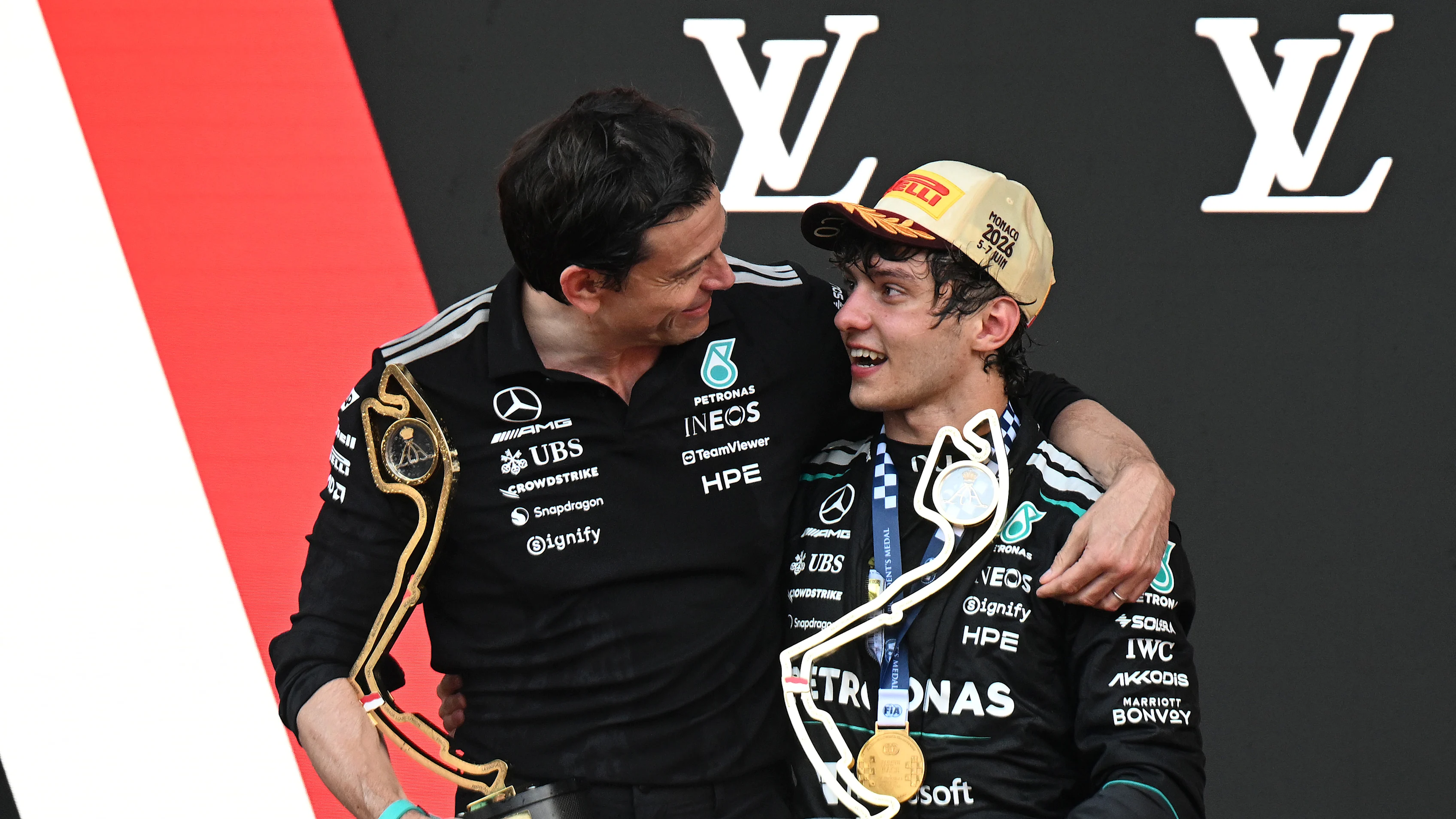 MONTE-CARLO, MONACO - JUNE 07: Race winner Andrea Kimi Antonelli of Italy and Mercedes AMG Petronas