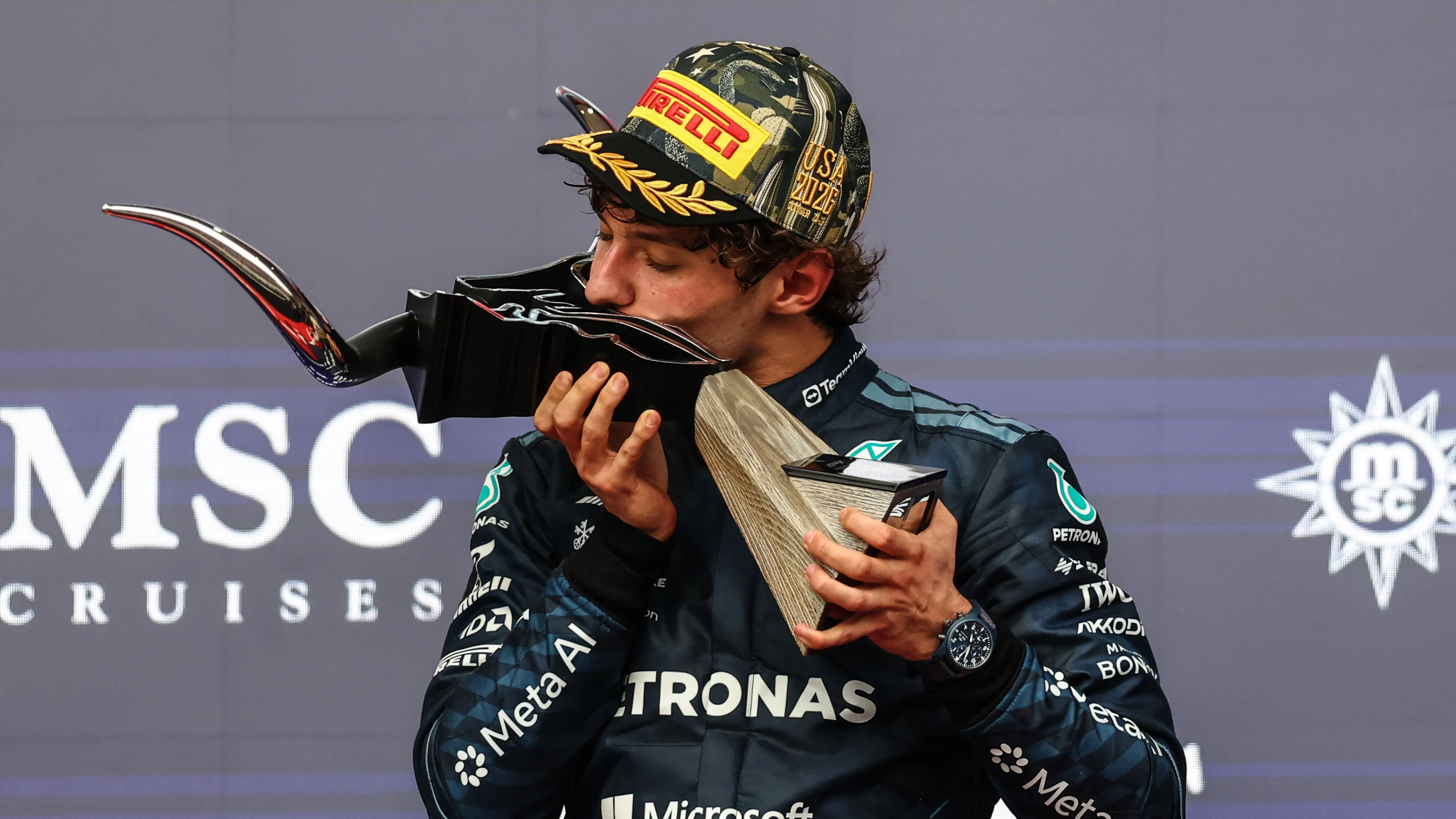 AUSTIN, TEXAS - OCTOBER 25: Race winner Andrea Kimi Antonelli of Italy and Mercedes AMG Petronas F1