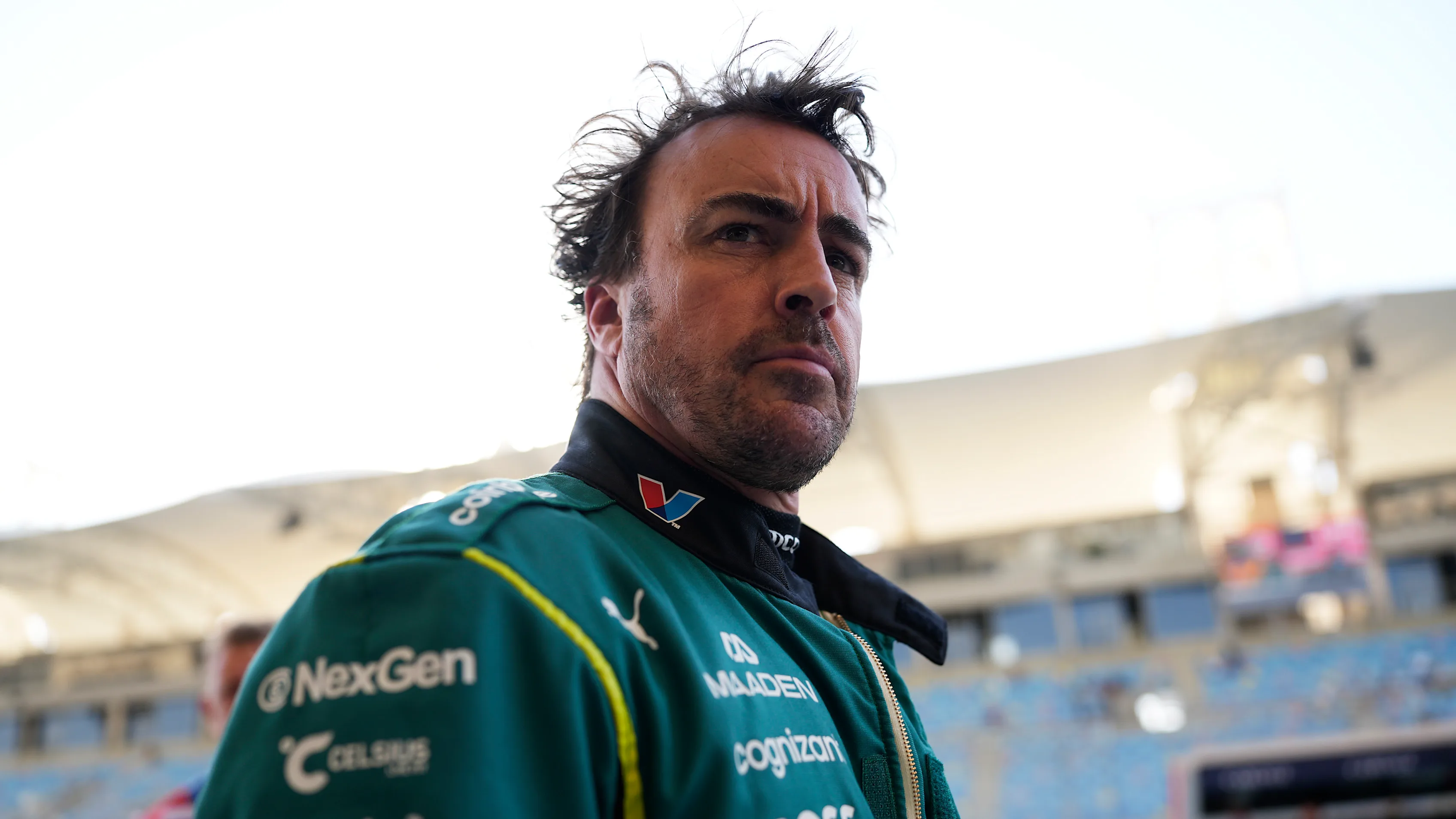 BAHRAIN, BAHRAIN - FEBRUARY 19: Fernando Alonso of Spain and Aston Martin F1 Team looks on in the