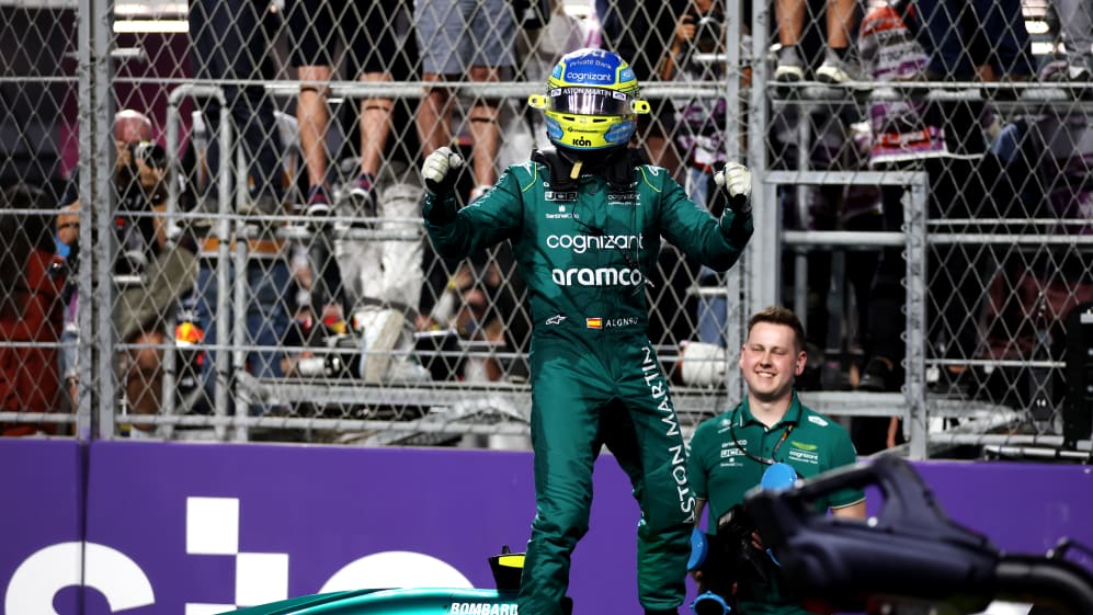 JEDDAH, SAUDI ARABIA - MARCH 19: Third placed Fernando Alonso of Spain and Aston Martin F1 Team