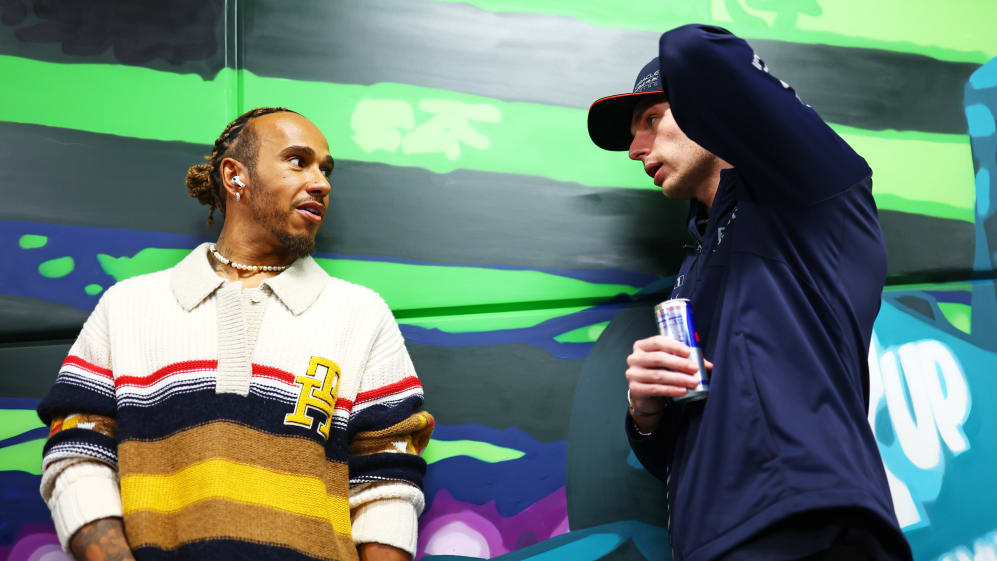 LAS VEGAS, NEVADA - NOVEMBER 18: Lewis Hamilton of Great Britain and Mercedes speaks to Max