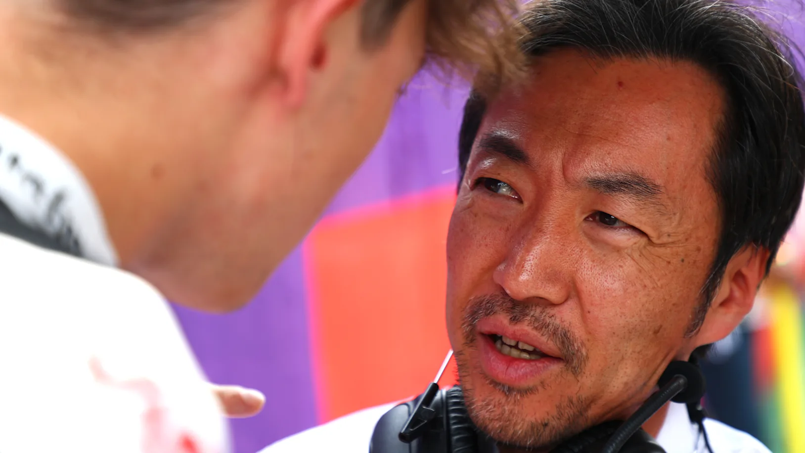 SAO PAULO, BRAZIL - NOVEMBER 02: Haas F1 Team Principal Ayao Komatsu speaks to Oliver Bearman of