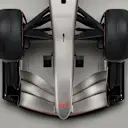 Indoor studio shot, exterior, bird’s-eye view, detail of wheel suspension, nose, and front wing