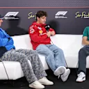 SAO PAULO, BRAZIL - NOVEMBER 06: Pierre Gasly of France and Alpine F1, Charles Leclerc of Monaco and Scuderia Ferrari and Lance Stroll of Canada and Aston Martin F1 Team attend the Drivers Press Conference during previews ahead of the F1 Grand Prix of Brazil at Autodromo Jose Carlos Pace on November 06, 2025 in Sao Paulo, Brazil. (Photo by Lars Baron/Getty Images)