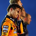 LAS VEGAS, NEVADA - NOVEMBER 22: Second placed Lando Norris of Great Britain and McLaren on the podium during the F1 Grand Prix of Las Vegas at Las Vegas Strip Circuit on November 22, 2025 in Las Vegas, Nevada. (Photo by Bryn Lennon - Formula 1/Formula 1 via Getty Images)