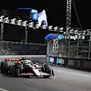 LAS VEGAS, NEVADA - NOVEMBER 20: Sparks fly behind Oliver Bearman of Great Britain driving the (87) Haas F1 VF-25 Ferrari on track during practice ahead of the F1 Grand Prix of Las Vegas at Las Vegas Strip Circuit on November 20, 2025 in Las Vegas, Nevada. (Photo by Chris Graythen/Getty Images)