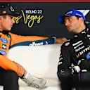 LAS VEGAS, NEVADA - NOVEMBER 21: Pole position qualifier Lando Norris of Great Britain and McLaren and Third placed qualifier Carlos Sainz of Spain and Williams talk in the Drivers Press Conference during qualifying ahead of the F1 Grand Prix of Las Vegas at Las Vegas Strip Circuit on November 21, 2025 in Las Vegas, Nevada. (Photo by Mark Sutton/Getty Images)